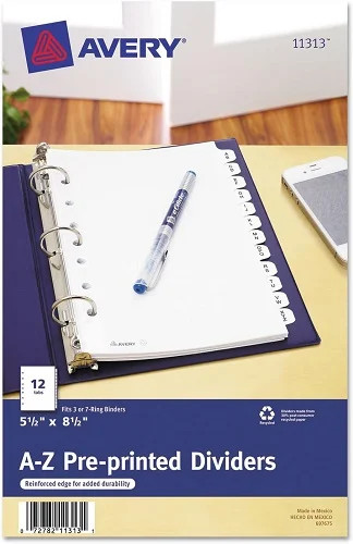 Avery A-Z Dividers, 12-Tab Set, 8-1/2″ x 5-1/2″, 1 Binder Divider Set (11313)