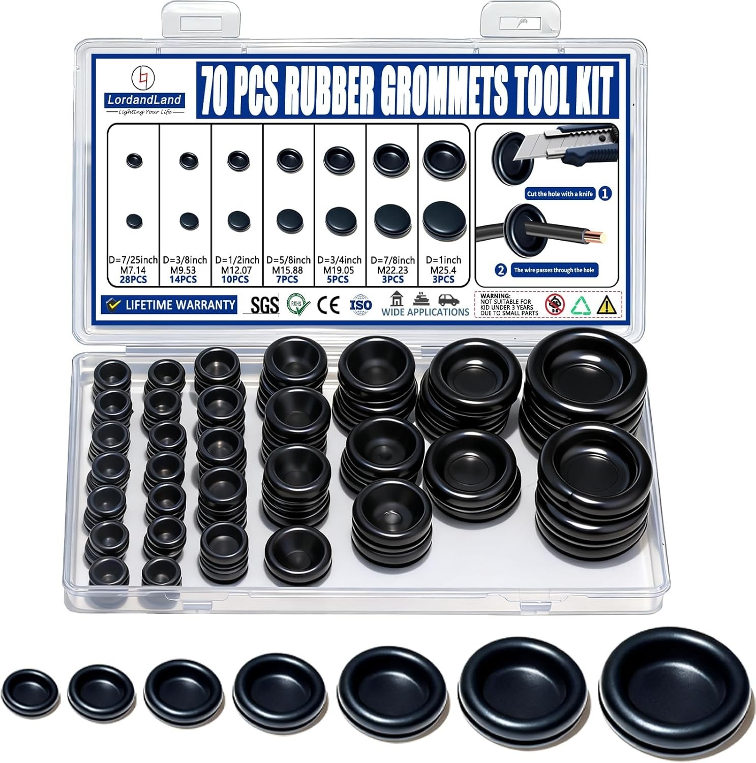 Rubber Grommet Kit 70 Pack – 7 Sizes Firewall Rubber Hole Plugs Rubber Grommets