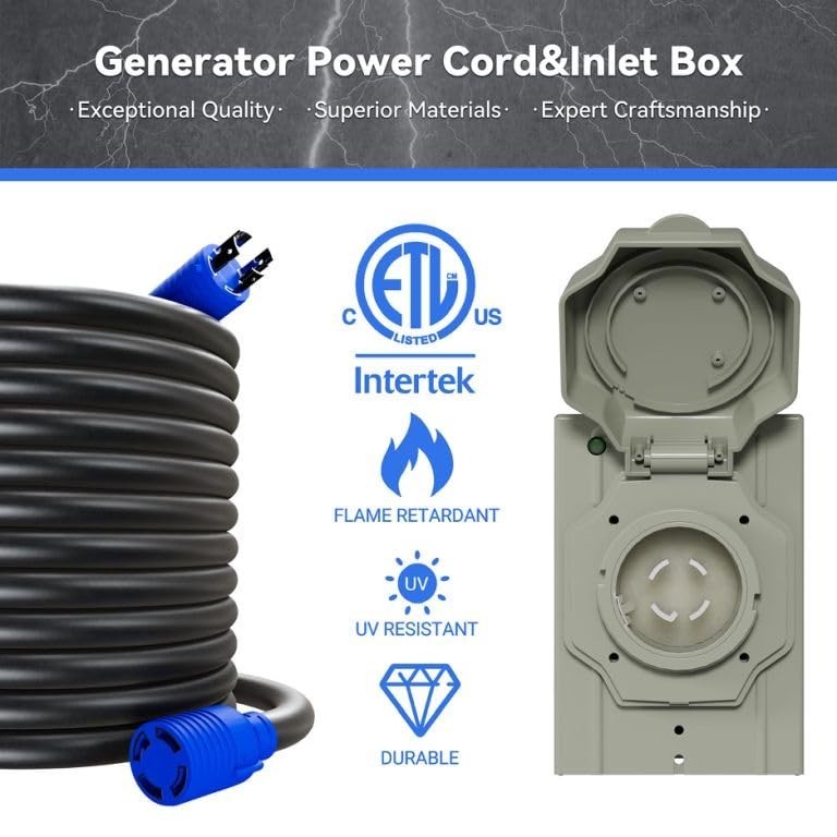 50AMP 10ft Generator Power Cord with Inlet Box, 4-Prong NEMA L14-30P to L14-30R,
