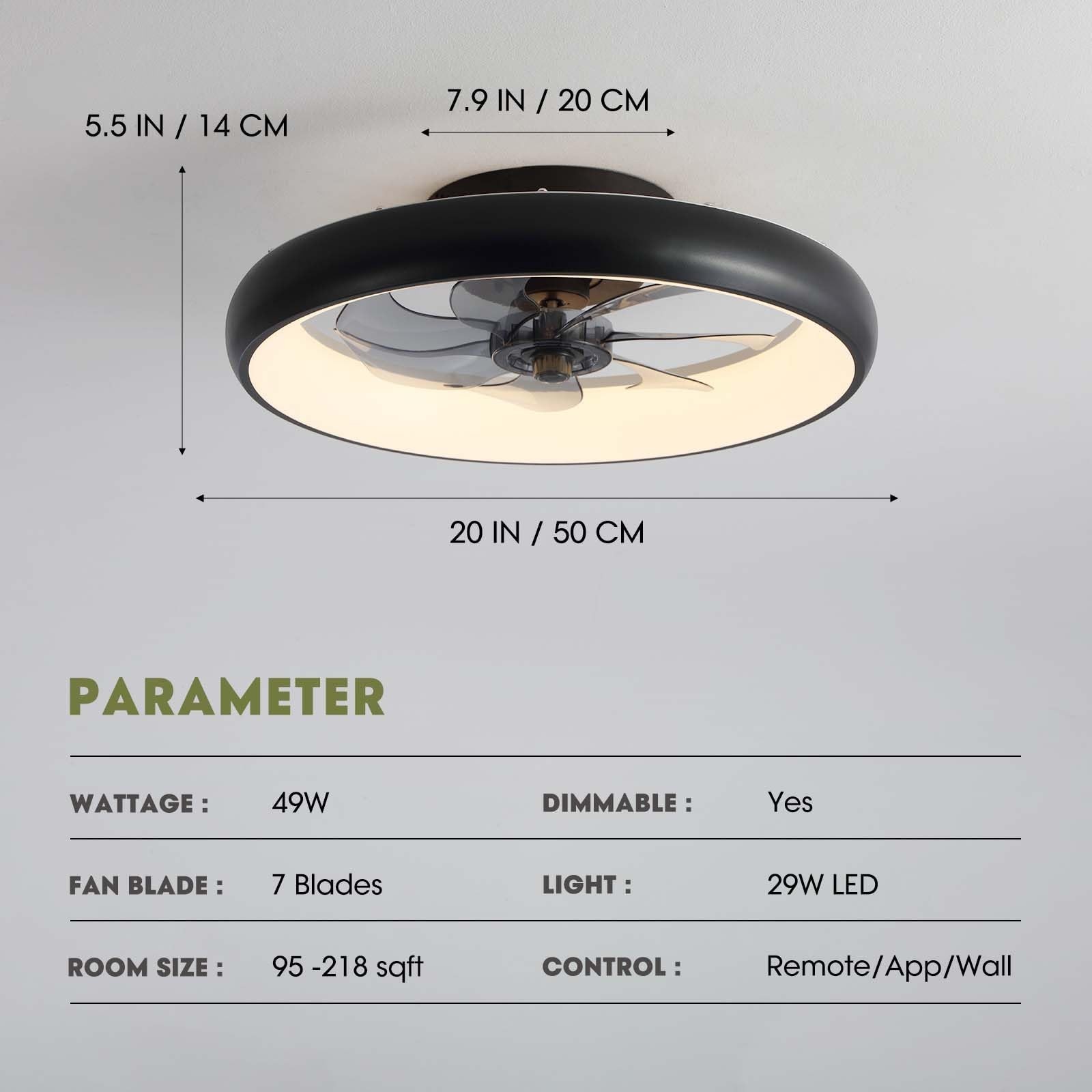 LUDOMIDE Ceiling Fans with Lights 20» Flush Mount Fan Remote & APP Control B…