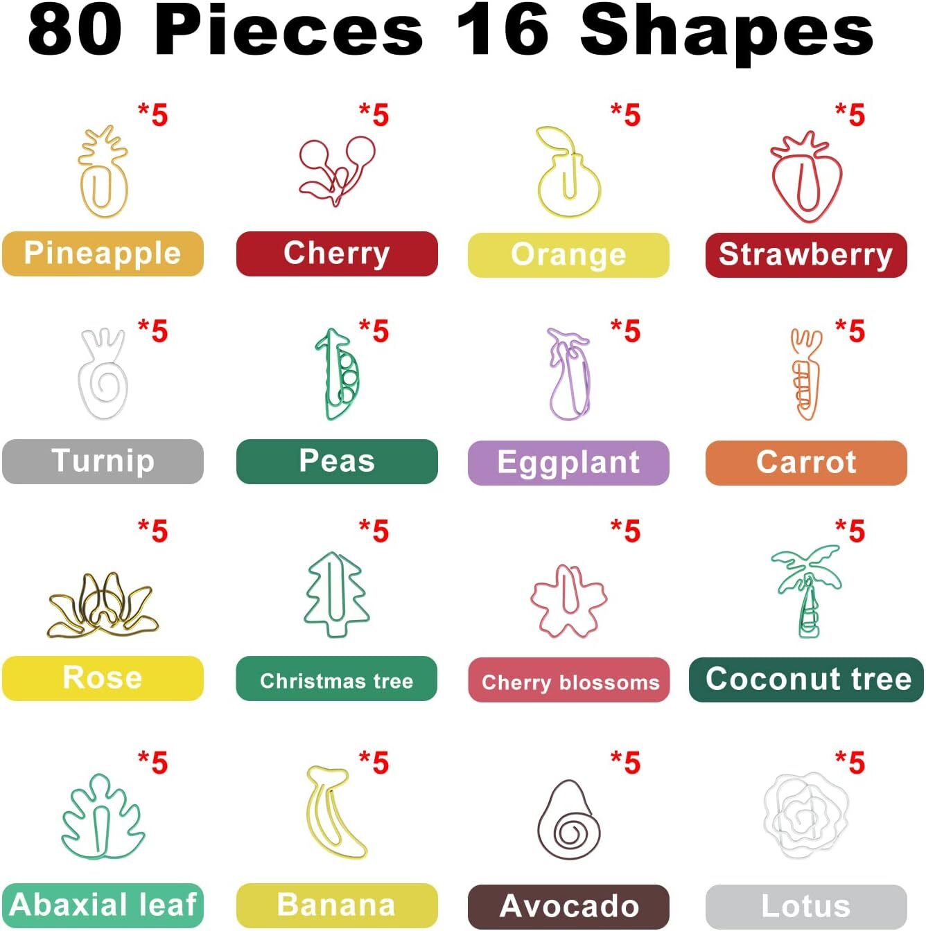 80Pcs 16 Plant Shape Paper Clips Fun Cute Bookmark Clips Metal Marking Clips New