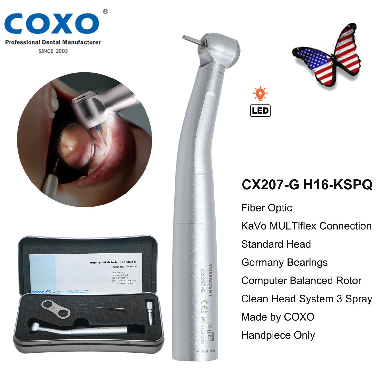 COXO CX207-G Dental Fiber Optic High Speed Air Turbine Handpiece KaVo H16-KSPQ