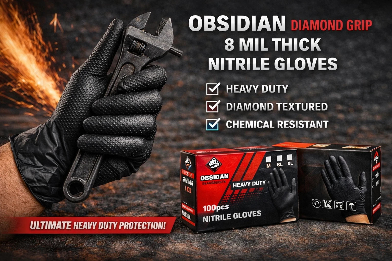 Obsidian Diamond Grip Black Nitrile Gloves 8 Mil, Diamond Texture Box of 100Pcs