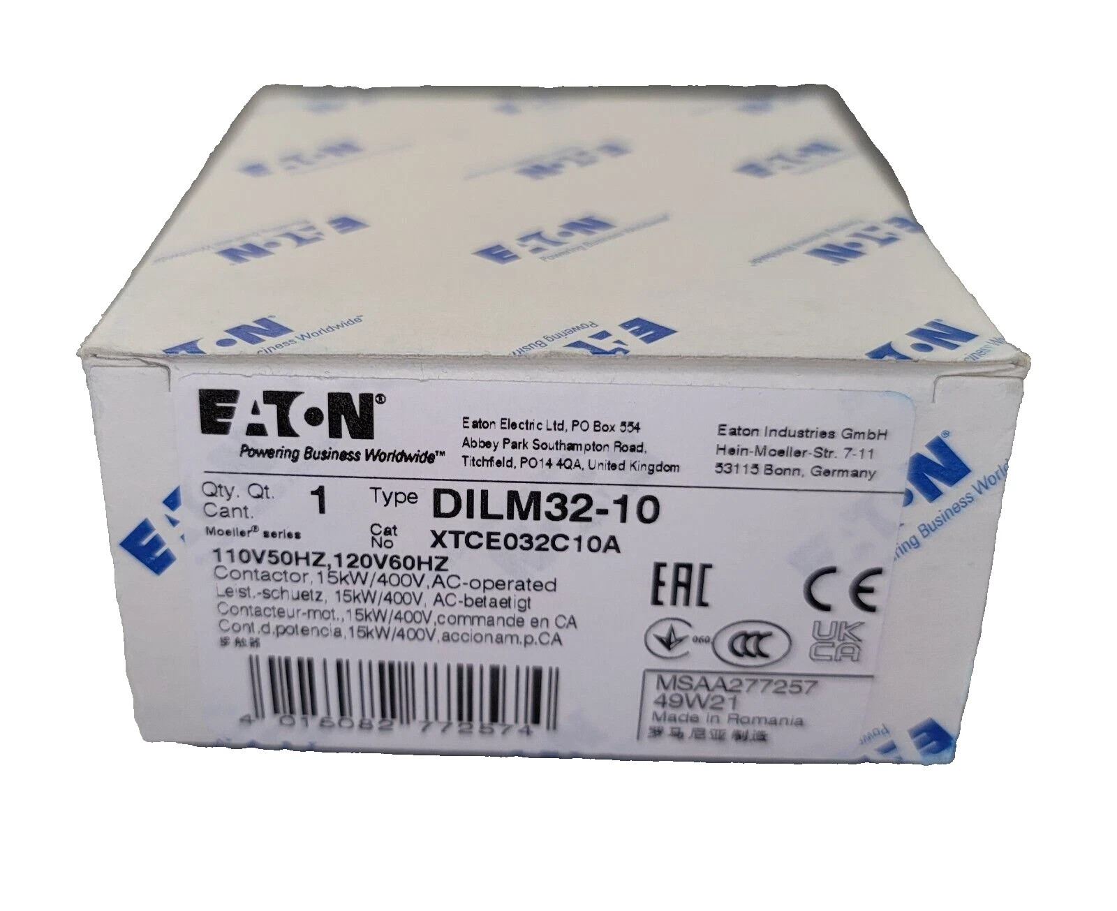 XTCE032C10A Eaton DILM32-10 Moeller IEC Contactor – New
