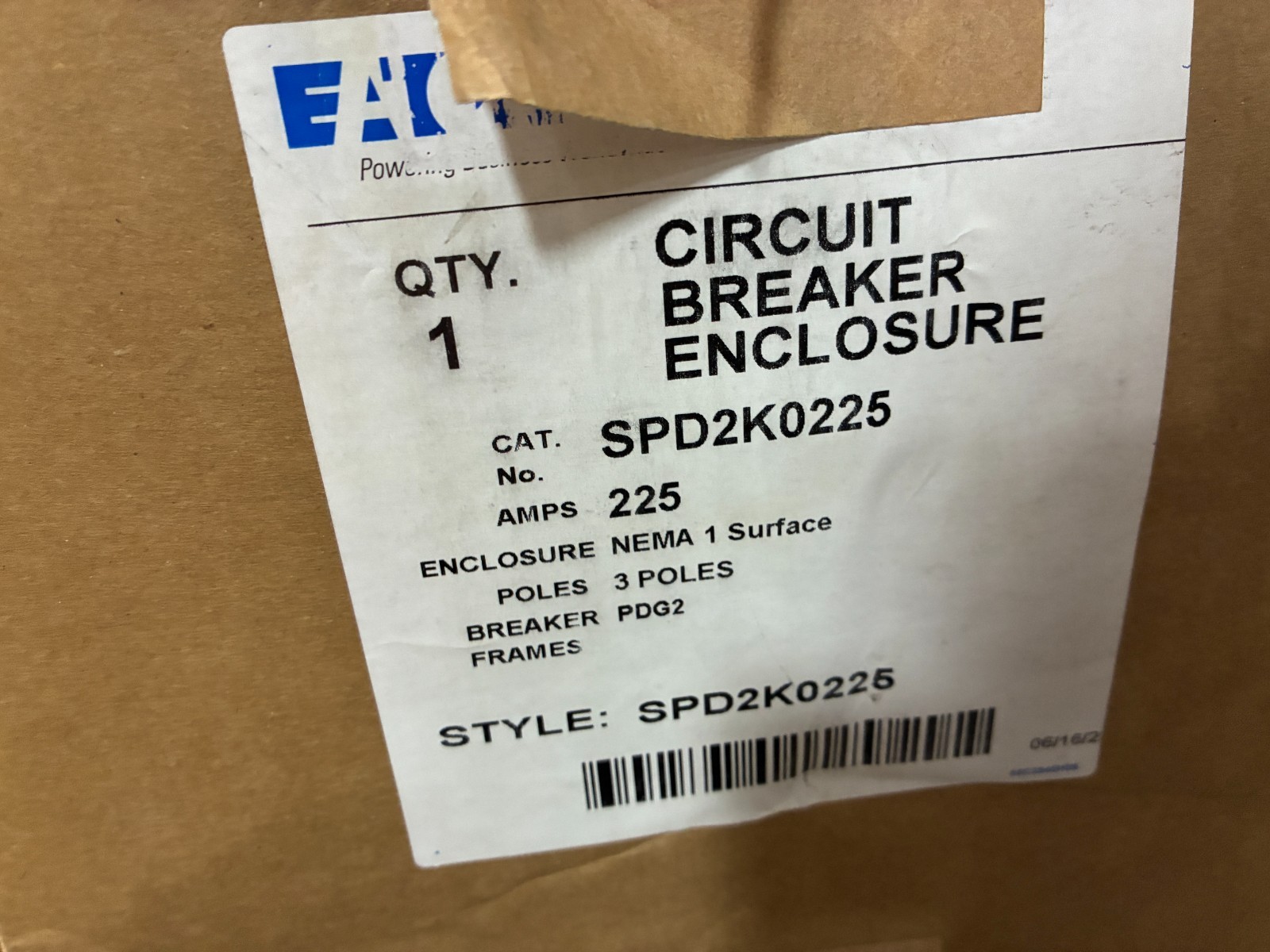 New Eaton SPD2K0225 NEMA 1-Circuit Breaker Enclosure with 60A 3-Pole 600V