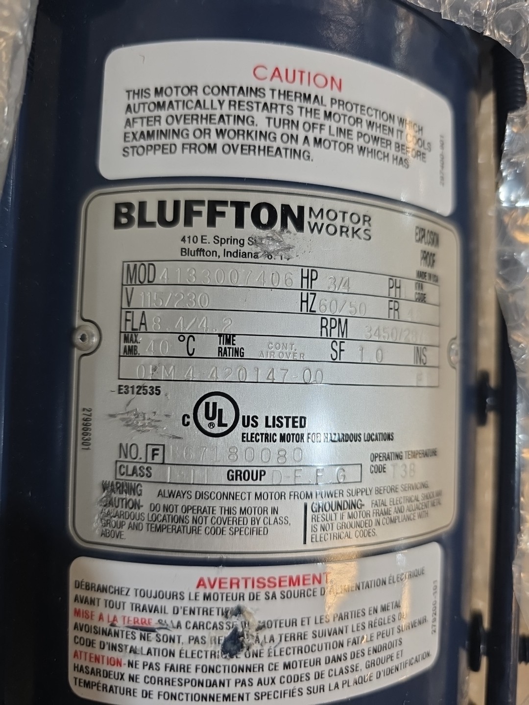 Bluffton 4133007406 3/4hp Explosion Proof Motor 1 Phase 115/230v 3450/2875 RPM