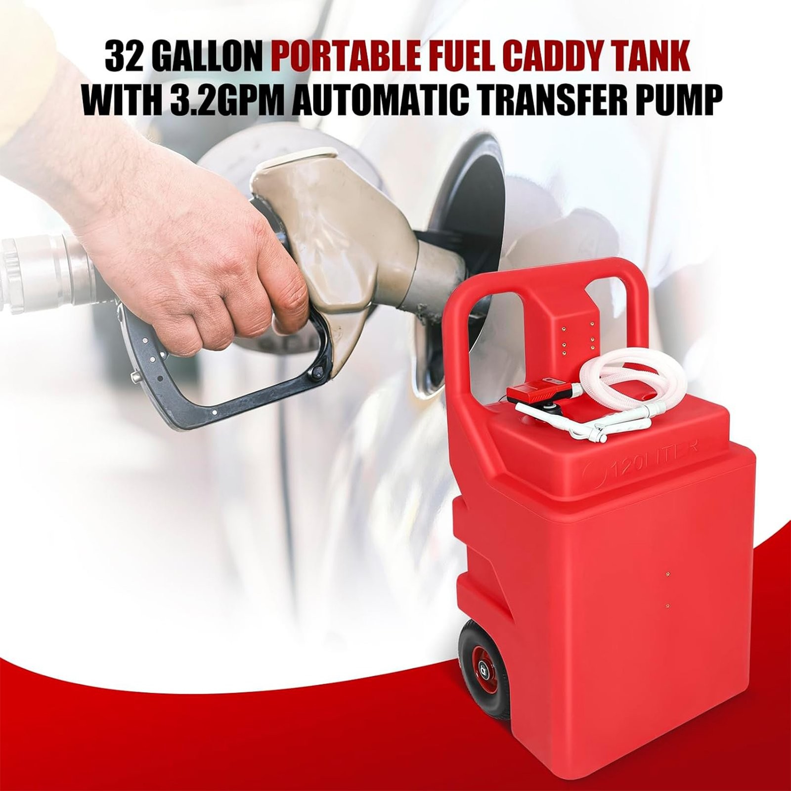 32 Gallon Portable Fuel Tank Caddy w/ Automatic Transfer Pump On-Wheel 3.2GPM Re