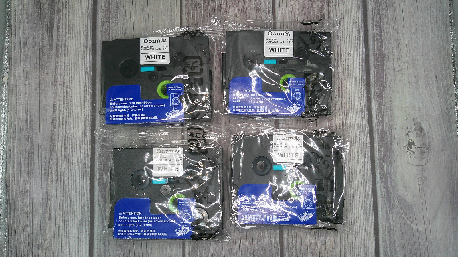 4 Pack Oozmas White Laminated Label Tape 12mm x .47″ for Brother P Touch D600