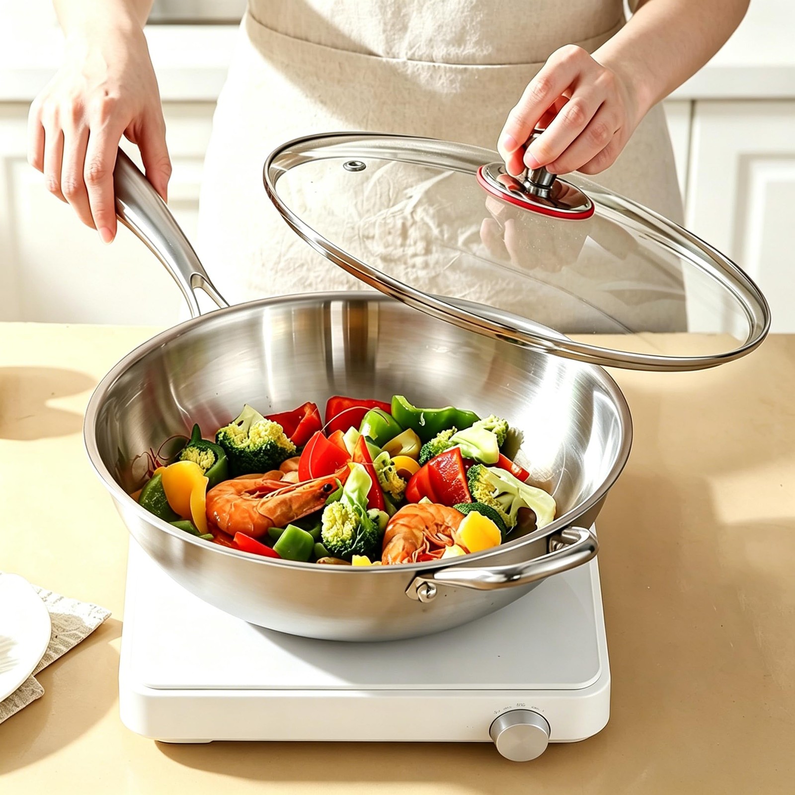 Firequince 13 Inch Stainless Steel 316 Wok Lid Stir-Fry Pans Dishwasher And