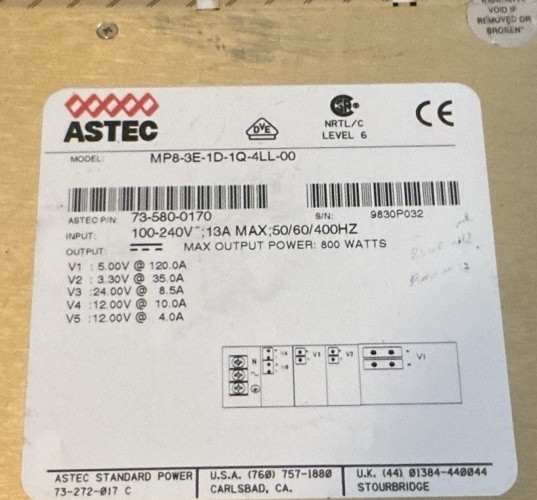 ASTEC Enclosed AC/DC Power Supply 800W-MVP Se – Model MP8-3E-1D-1Q-4LL-00