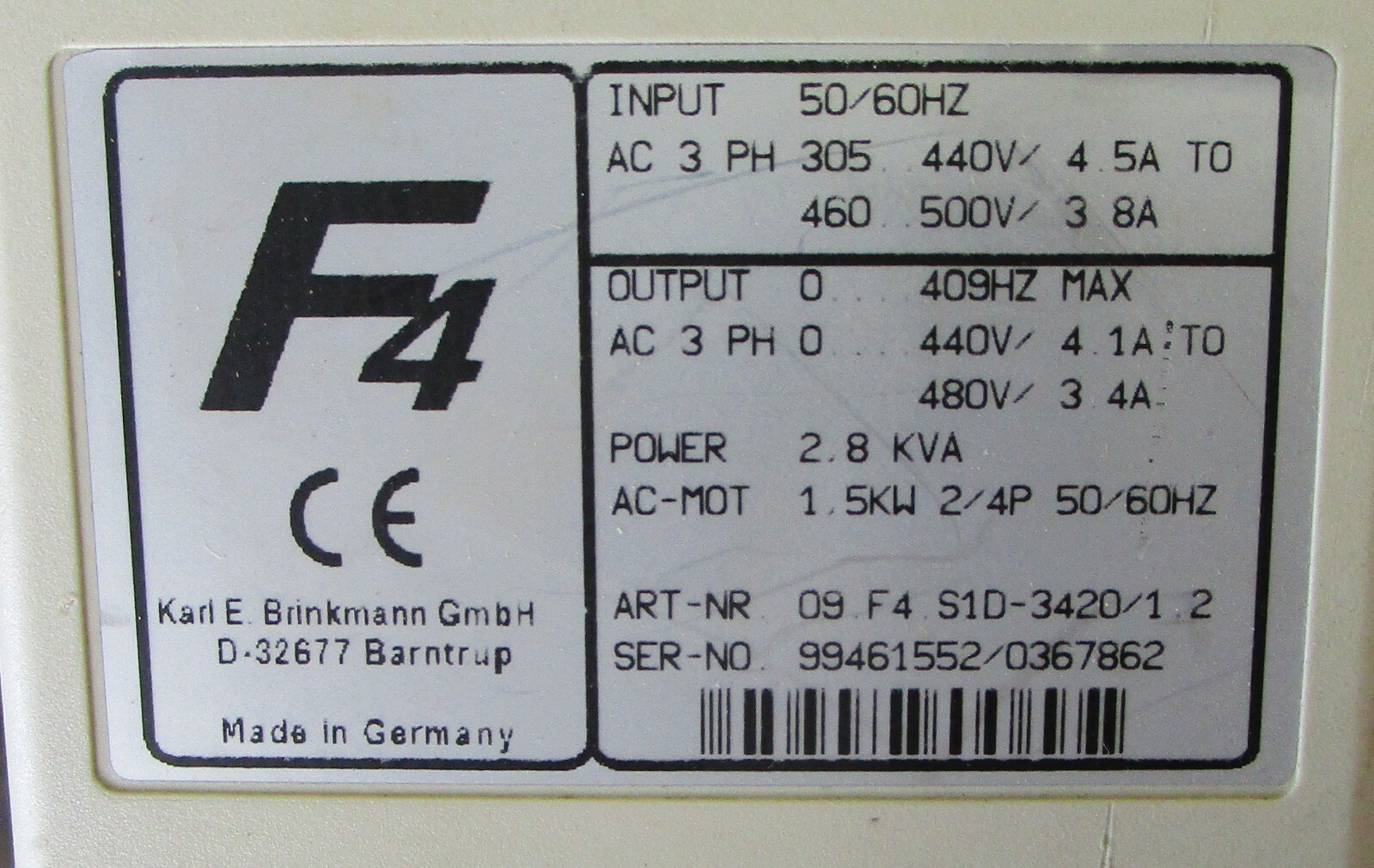 KEB 09.F4.S1D.3420/1.2 COMBIVERT 09F4S1D342012 Used Take Out Msg. Cover W3&4