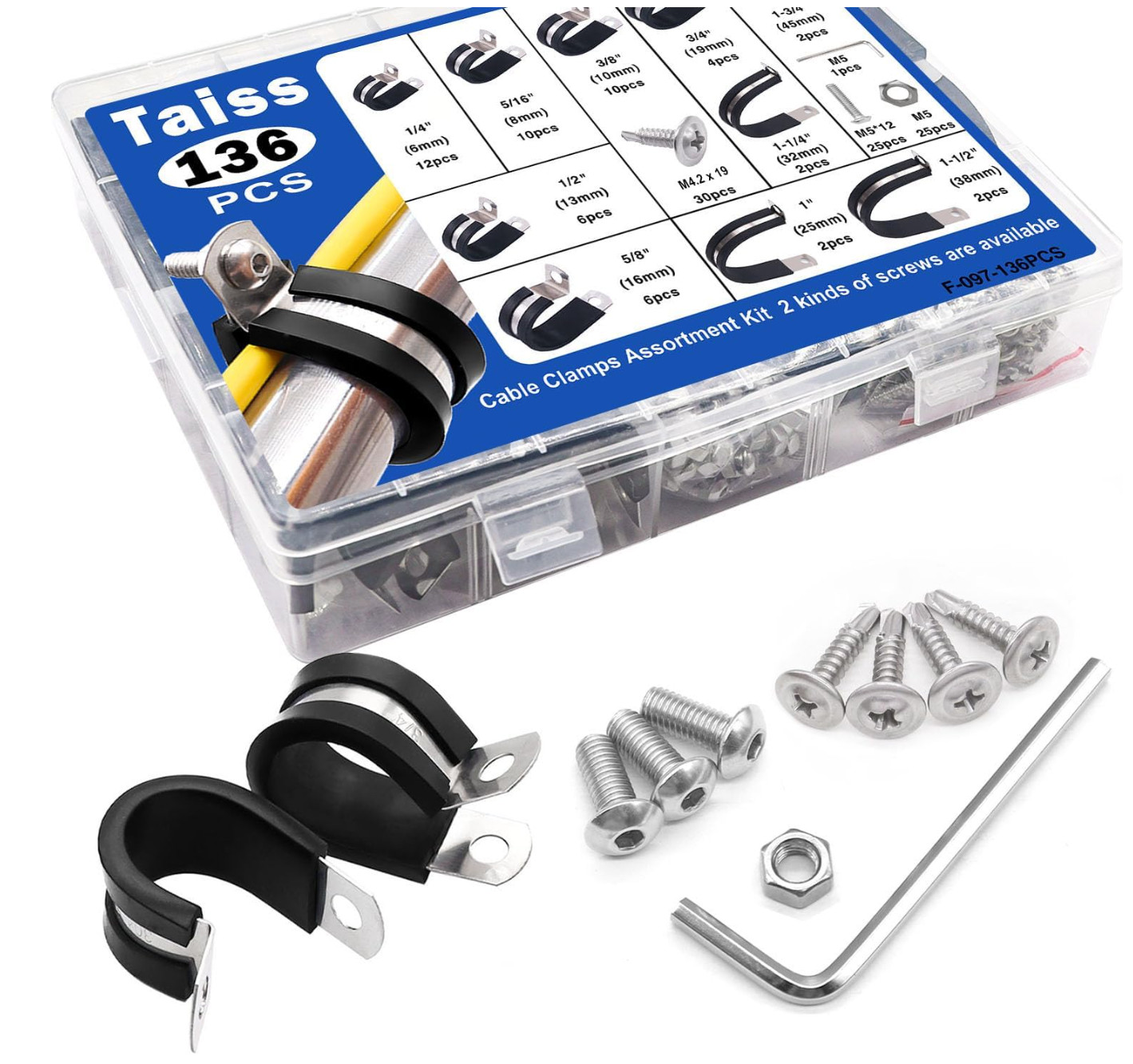 136PCS Cable Clamps Assortment Kit,10 Sizes 304 Stainless Steel Rubber Cushion