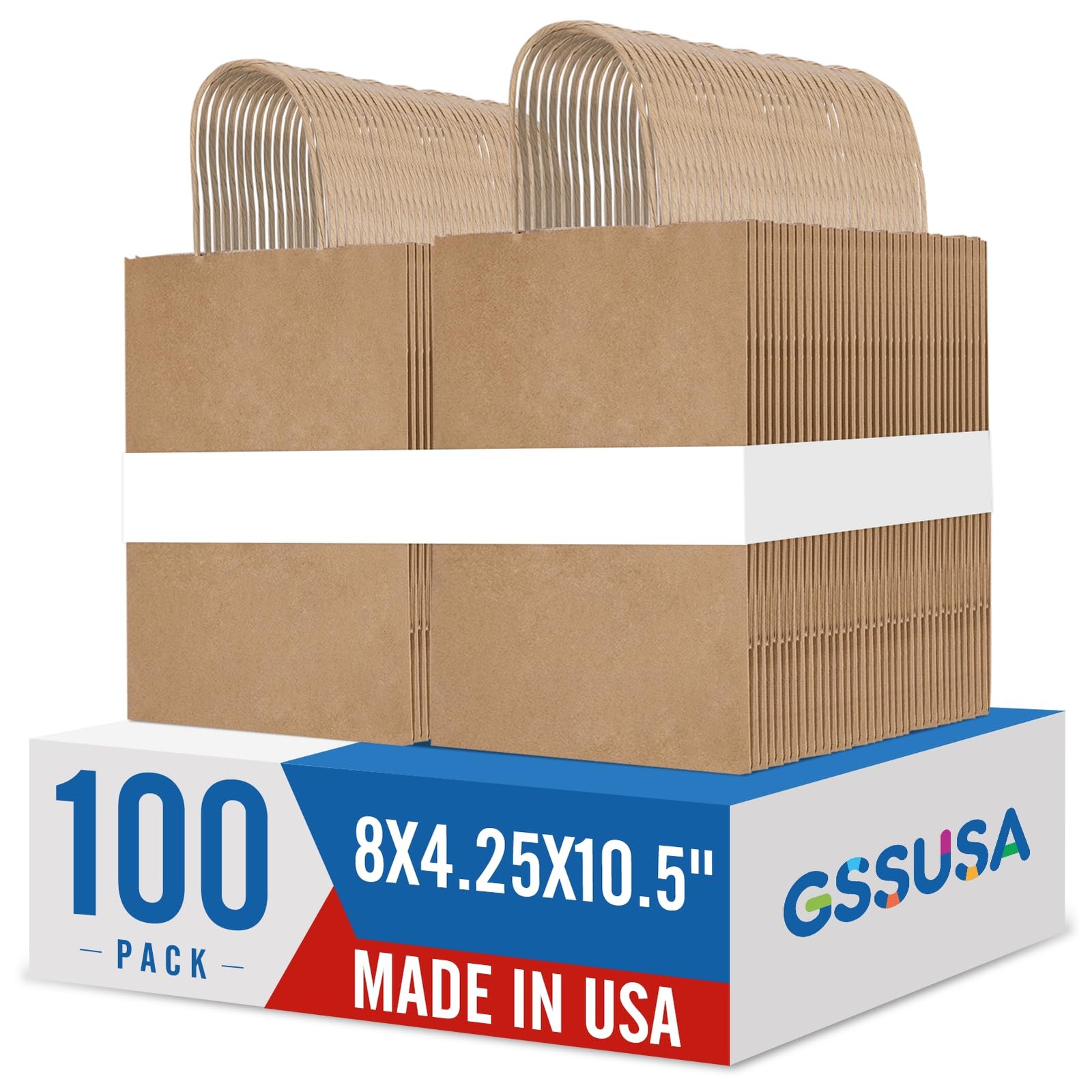 GSSUSA 100 Pack Brown Paper Bags with Handles, 8 1 count (Pack of 100),