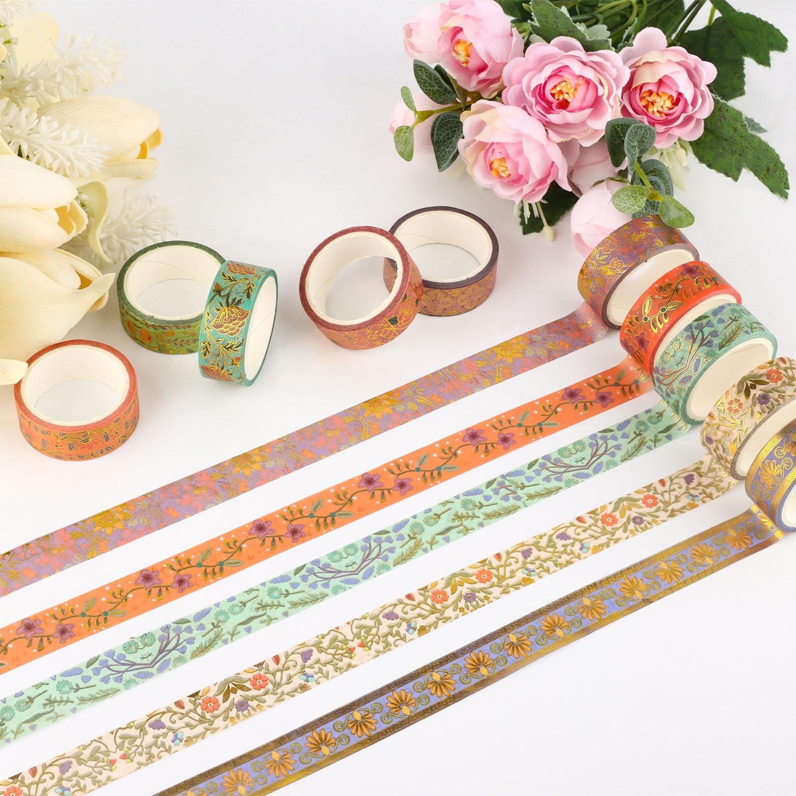 Washi Tape Set 20 Rolls Gold Foil Floral Decorative Tape Vintage Aesthetic Maski