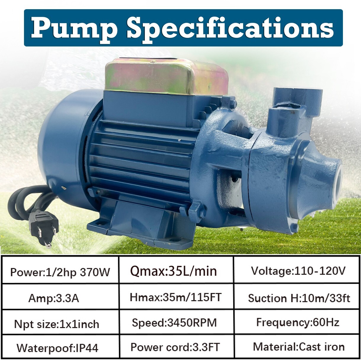 1/2HP Clear Water Pump Electric Centrifugal Self Priming Industrial Farm Pool