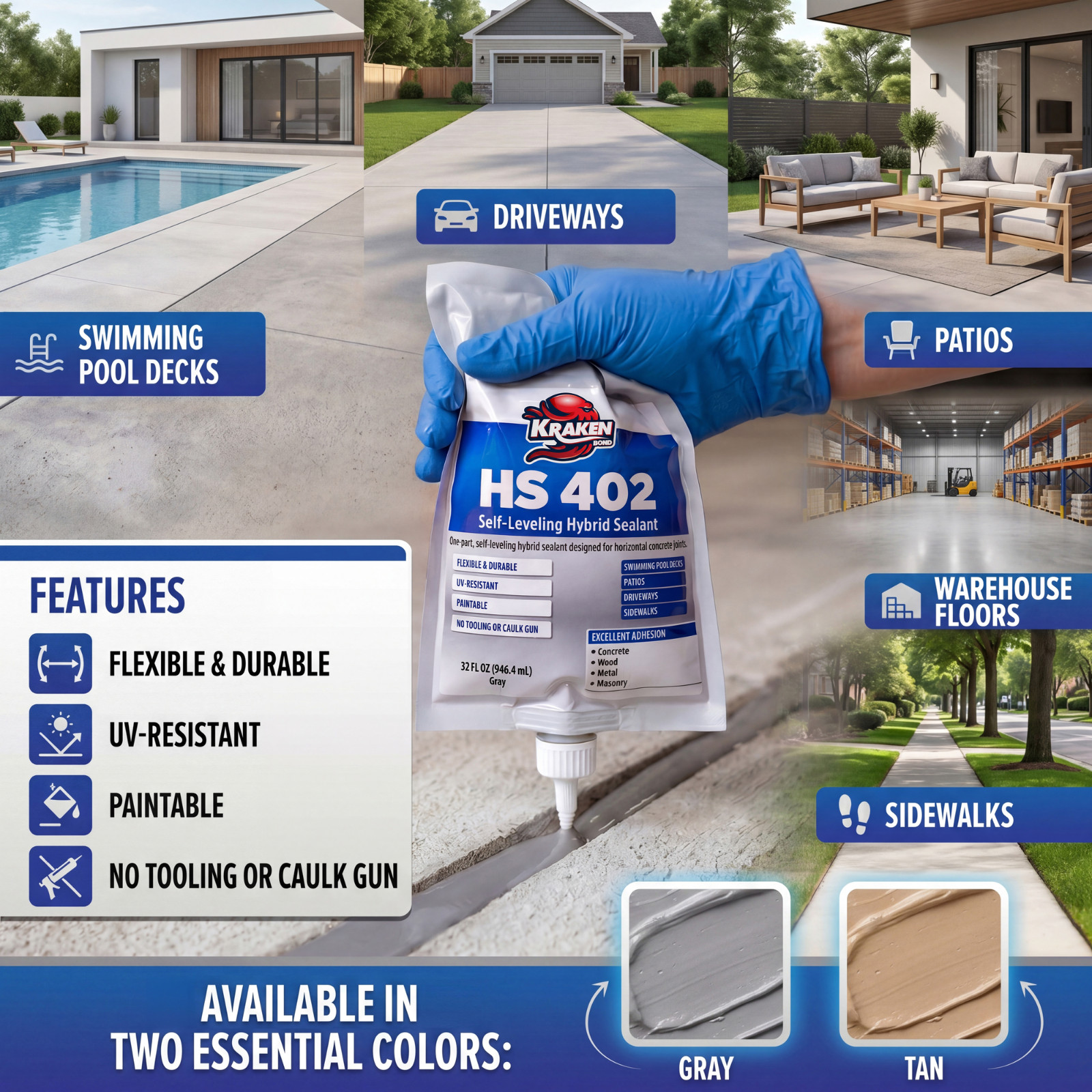 Kraken Bond HS 402 Self-Leveling Hybrid Sealant, 32fl.oz 12 Pack – Gray