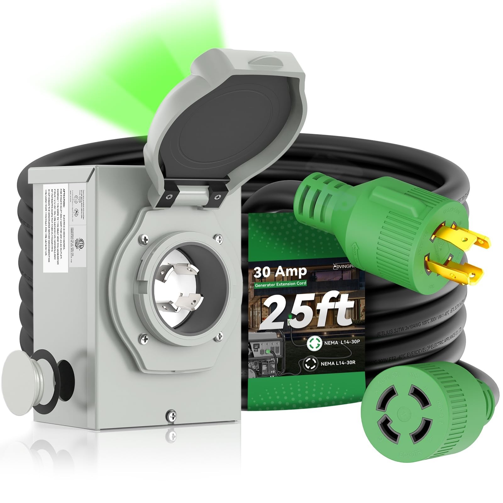 30FT 30 Amp Generator Cord & Power Inlet Box Combo Kit, Waterproof, ETL Listed