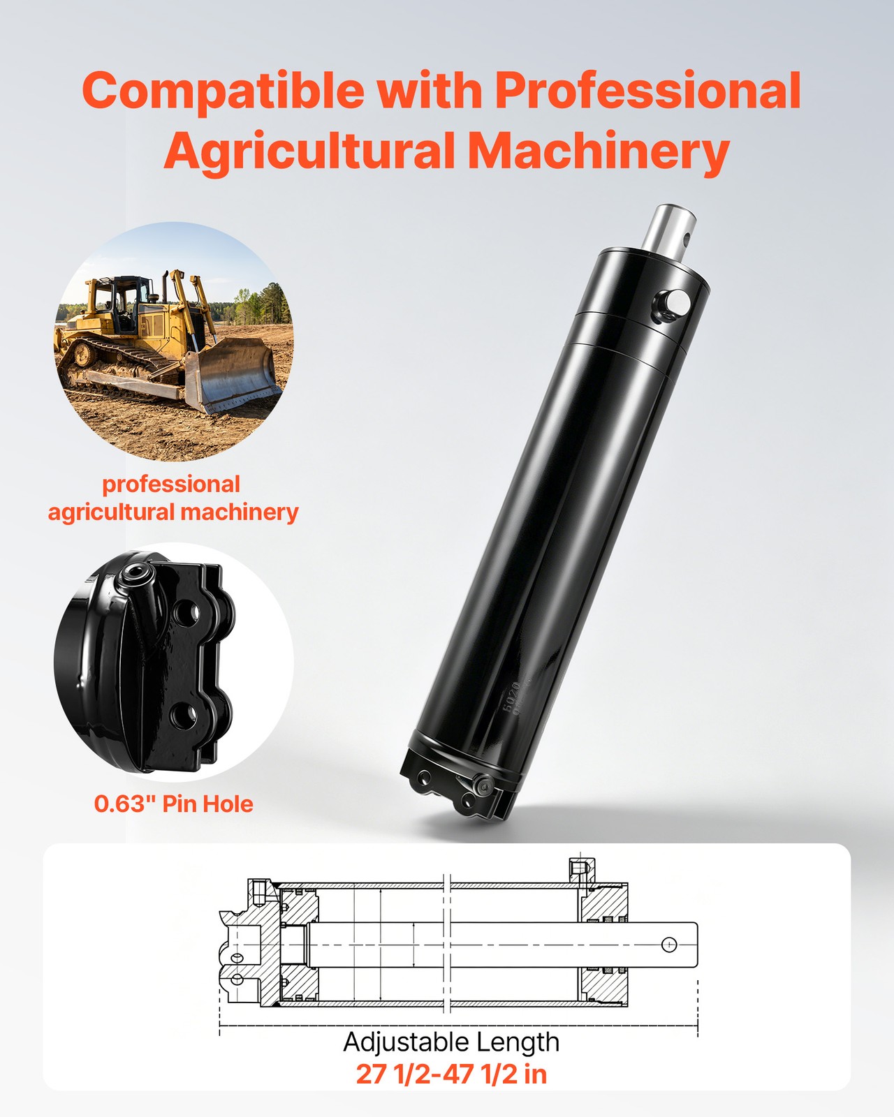 VEVOR Double Acting Hydraulic Cylinder Max 4500PSI Pressure 5″ Bore & 20″ Stroke