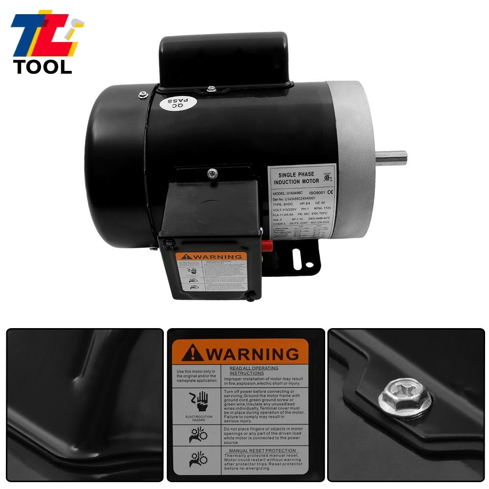 3/4 HP Electric Motor Single Phase 1725 rpm 5/8» shaft 115V/230V 56C Frame