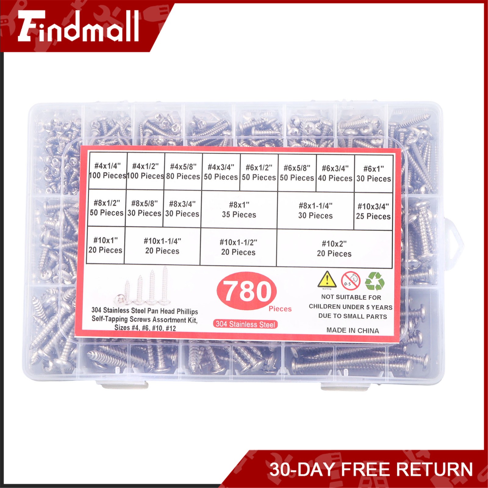 Findmall 780 PCS Pan Head Sheet Metal Screws Assortment Kit #4#6#8#10 Stainless