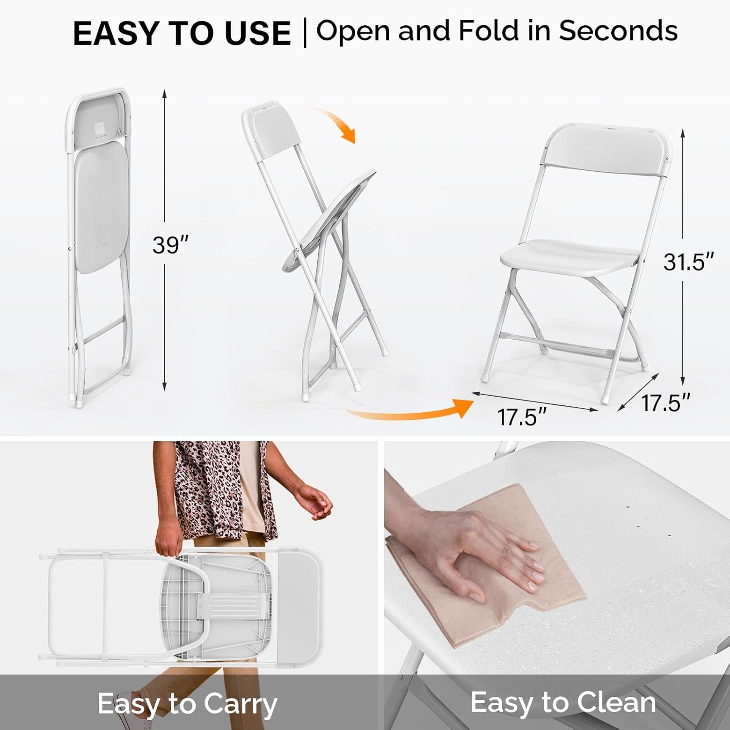 VINGLI 10 Pack White Plastic Folding Chairs 350LB Steel Frame Stackable Wedding