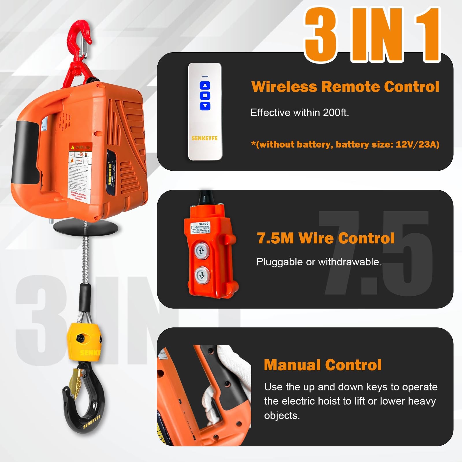 Power Electric Portable Hoist Winch 1500LBS, 3 in 1 Electric Cable Hoist 110V 25