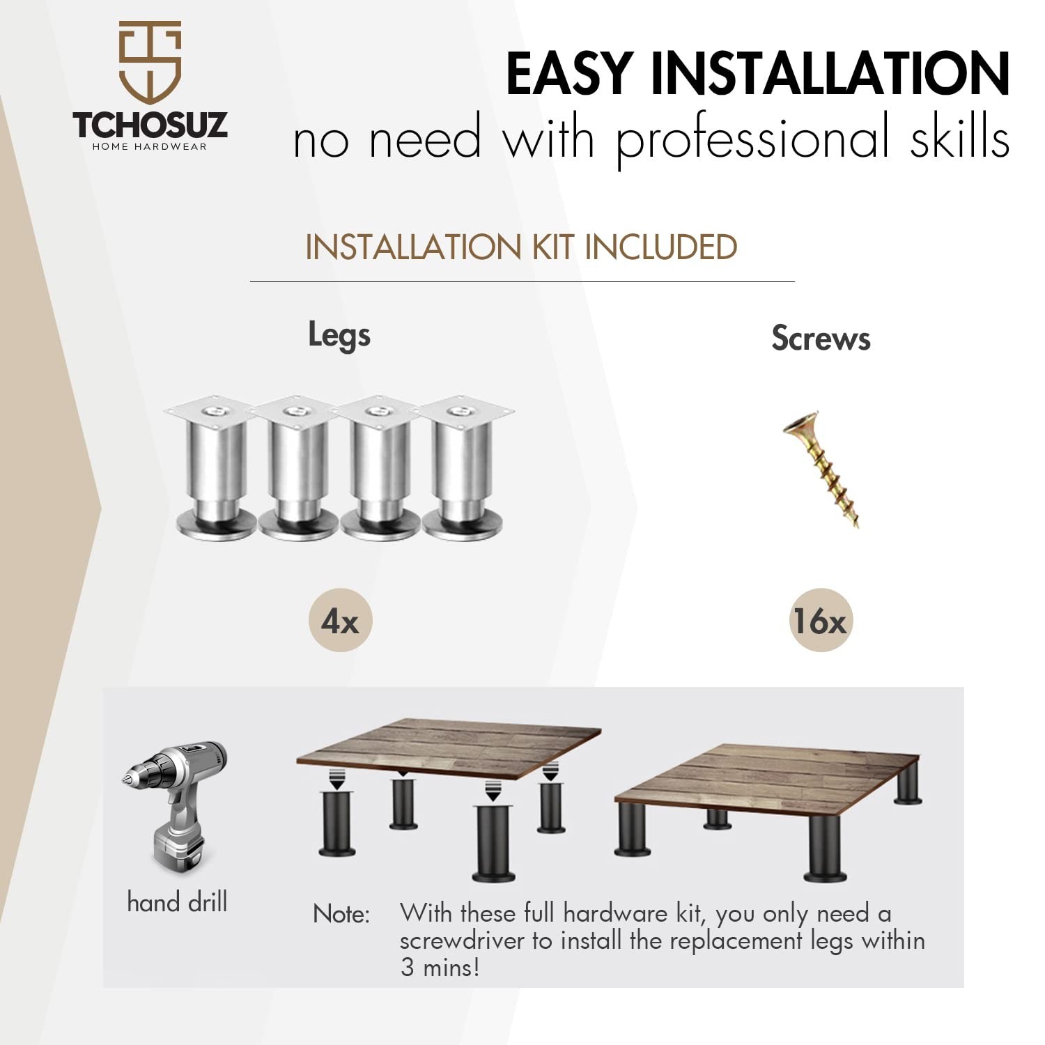 8 Inch Heavy Duty Mental Furniture Legs, 4 Pack 20 cm Stainless Steel Tapered…