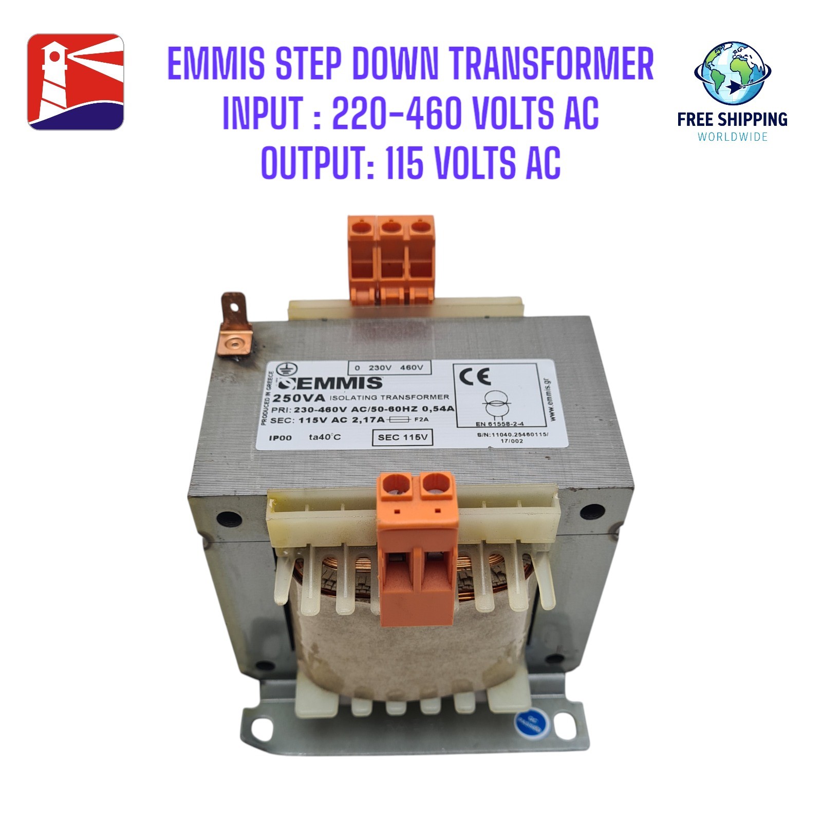 EMMIS Step Down Transformer 250VA. Input 230-460 Volts AC/Output 115 Volts AC