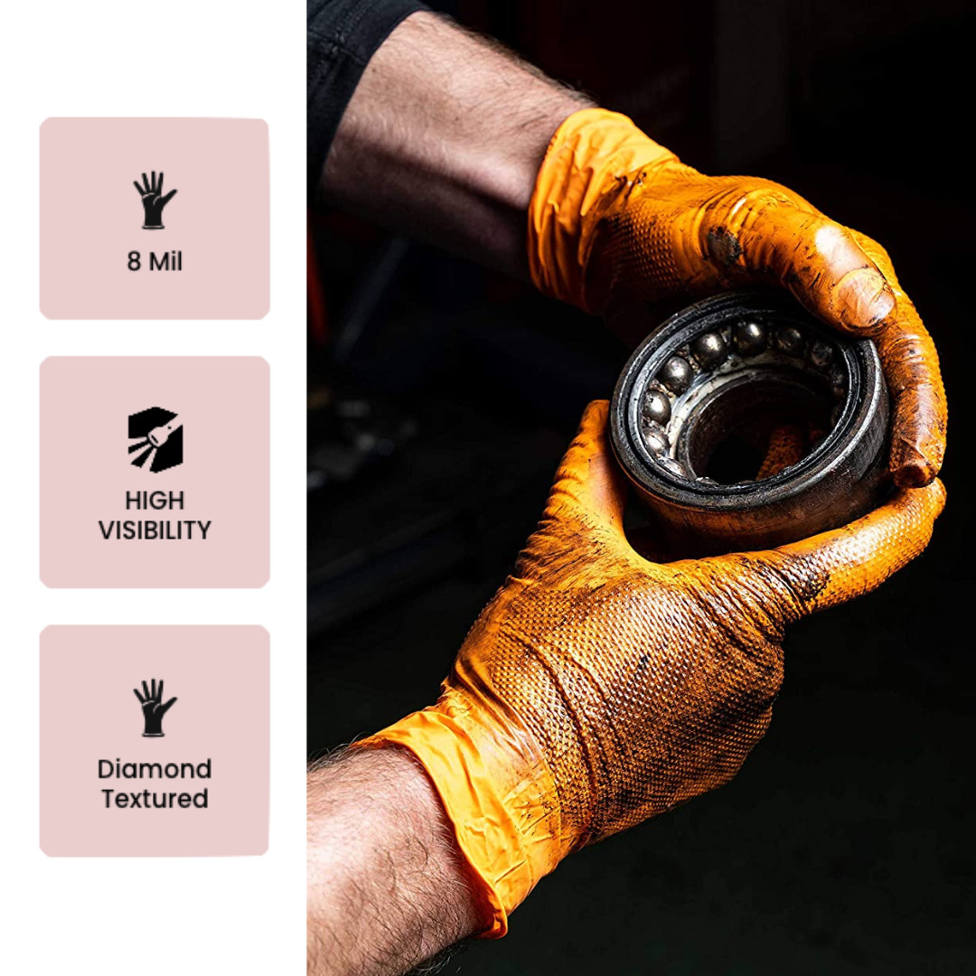 First Glove Grip Orange Nitrile Disposable Gloves 8 Mil Raised Diamond Texture