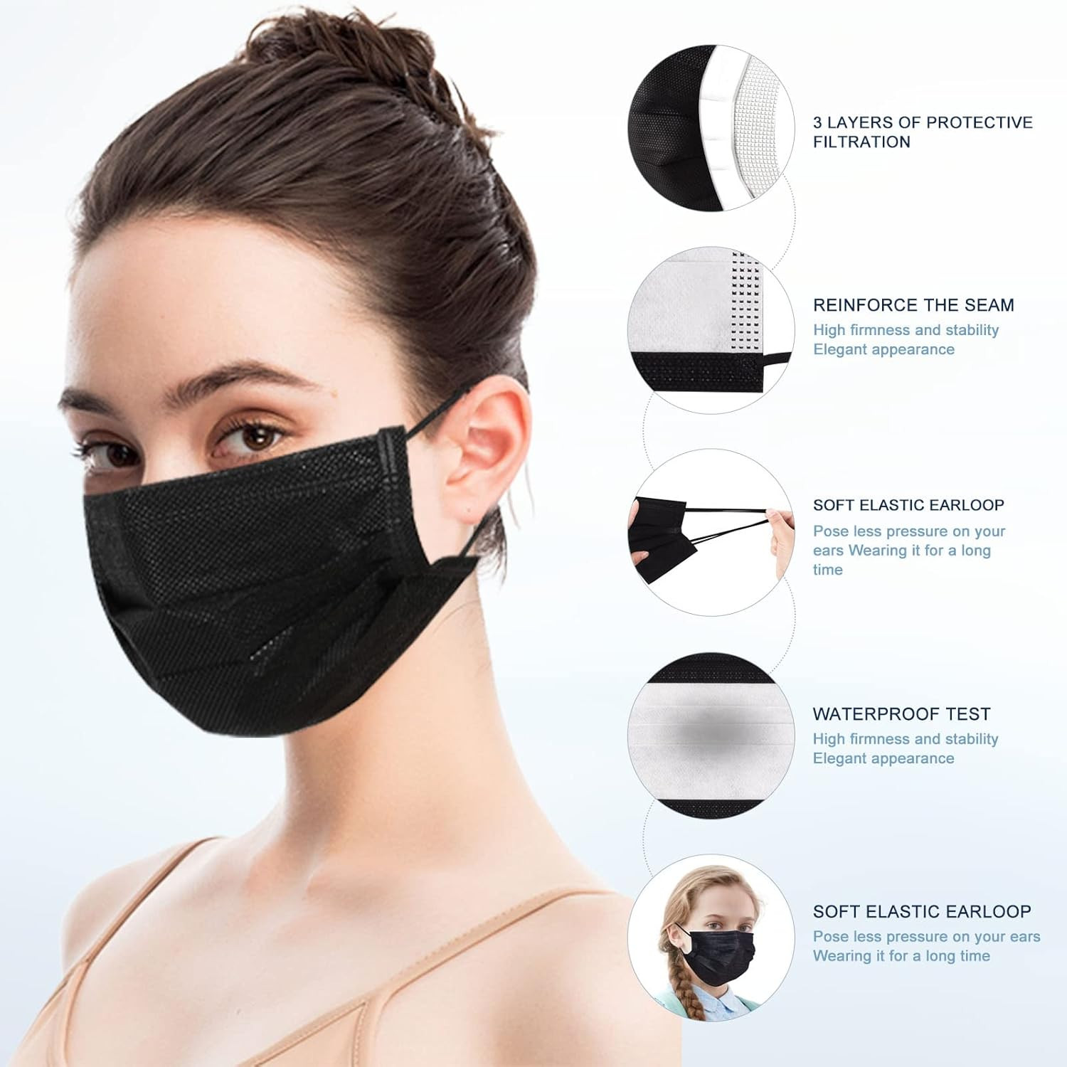 100Pcs 3 Ply Black Disposable Face Masks Filter Protection Face Masks