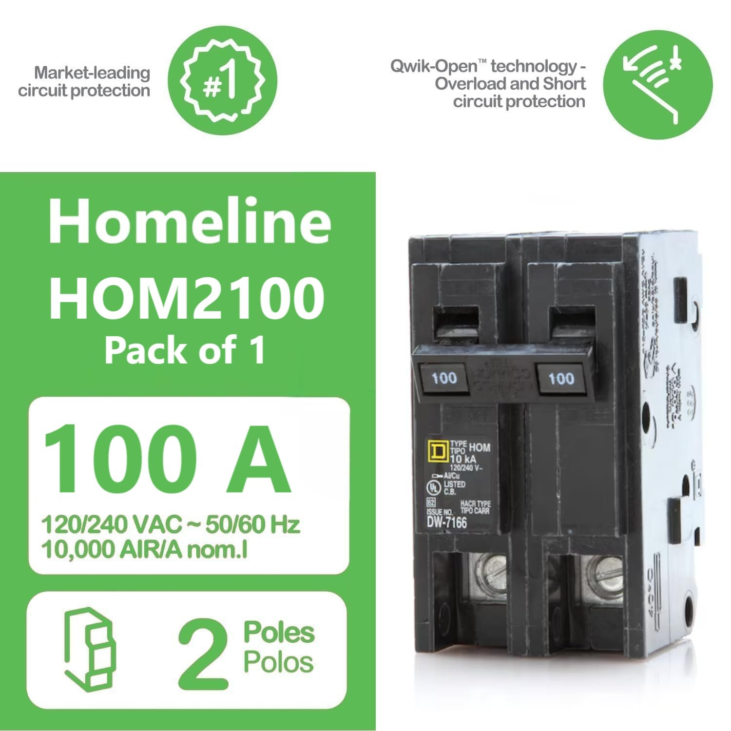 Genuine Square D HOM2100 Circuit Breaker Kit Bundle (1 Pack), 100 Amp (100A) Dou