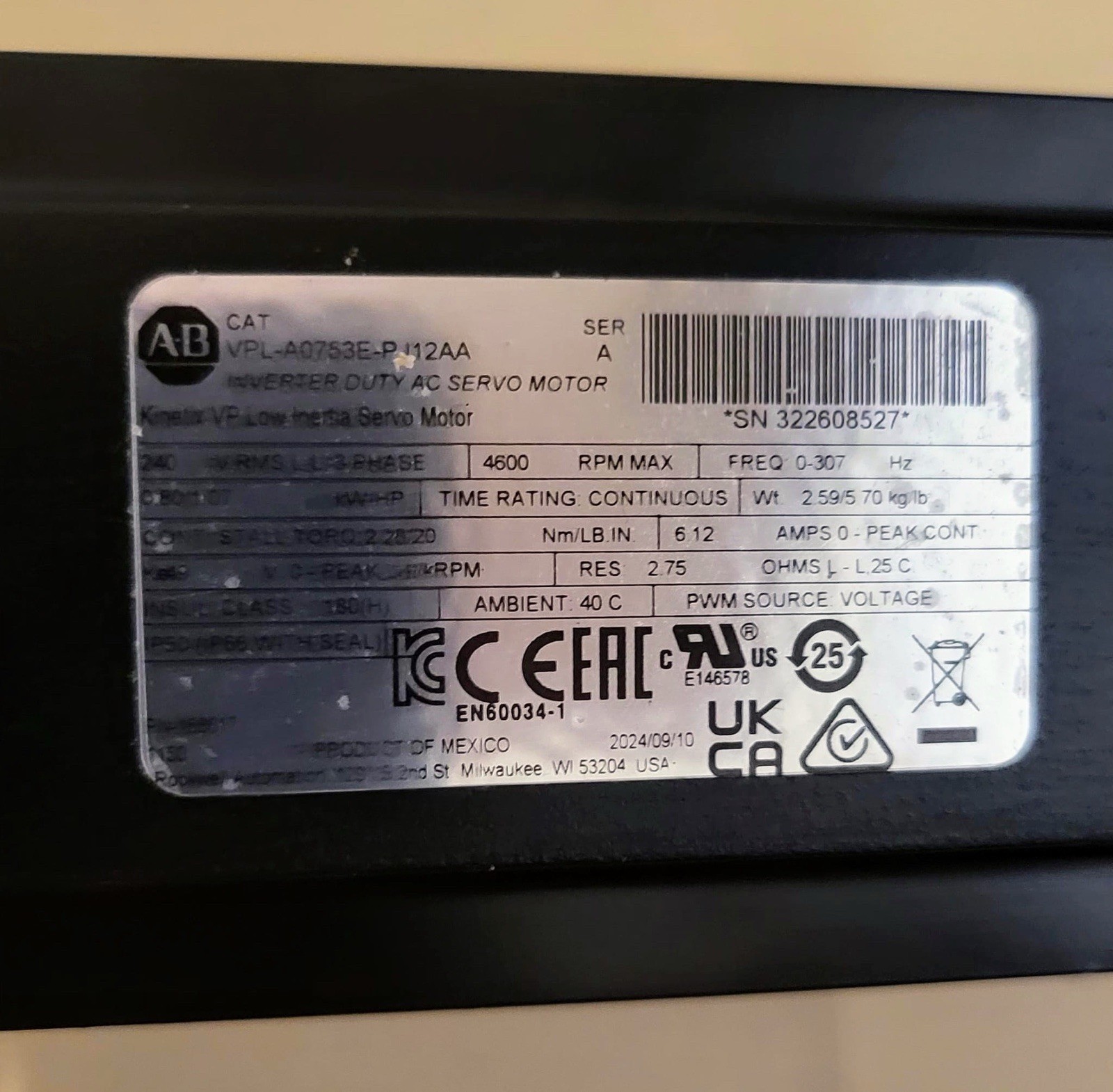 Allen Bradley Servo Motor VPL- A0753E-P12AA