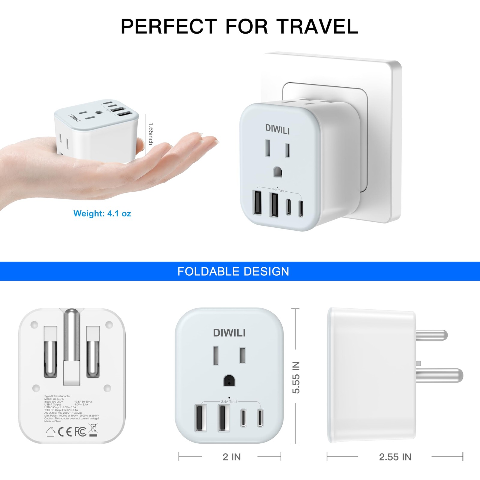 US to India Travel Plug Adapter, Foldable India Power Adapter with 4 USB(2 US