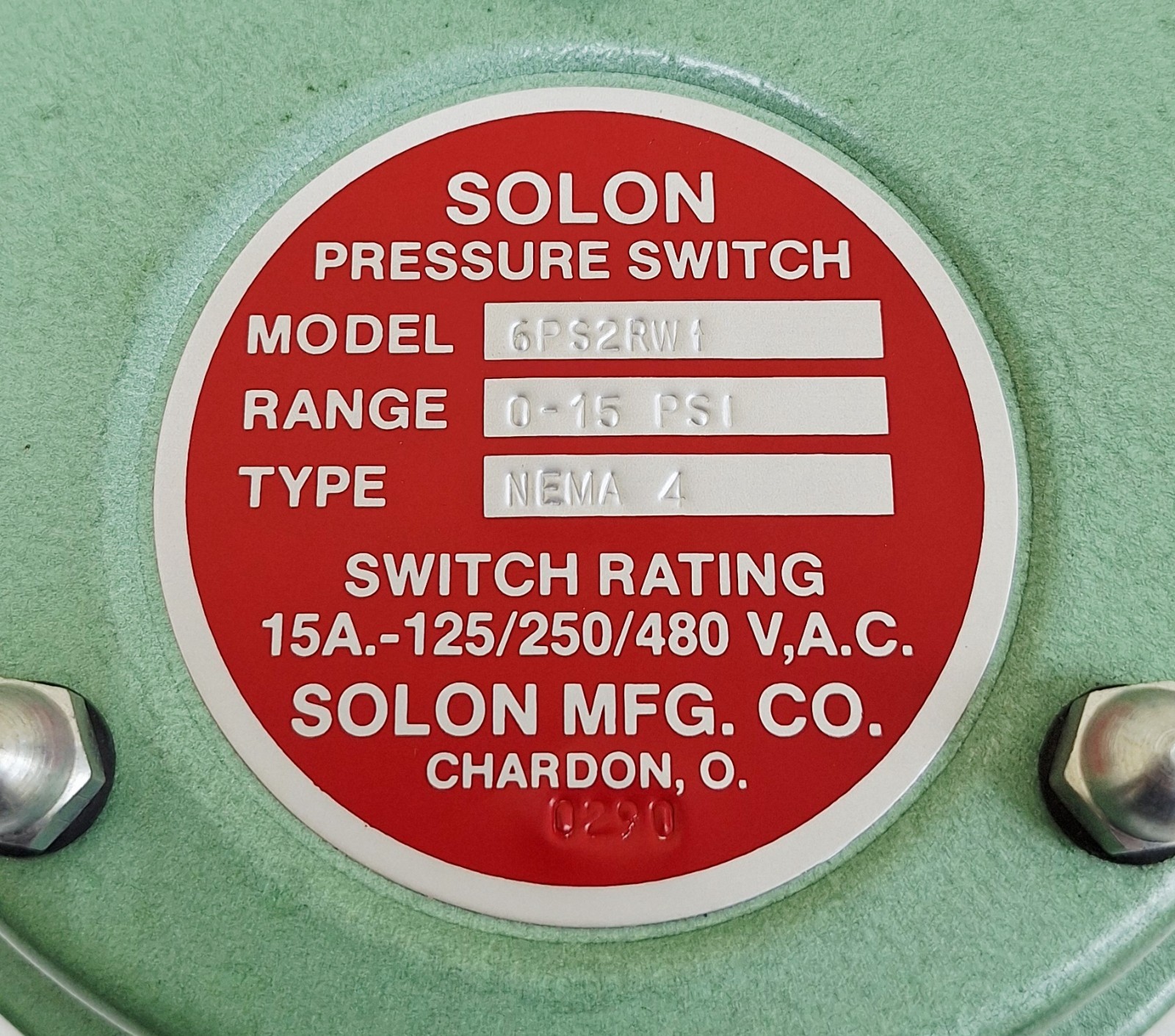 Solon 6PS2RW1 Pressure Switch 15A-125/250/480 VAC Range 0-15 PSI