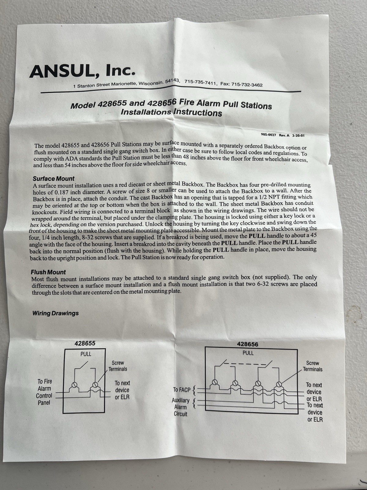 Ansul 428655 fire alarm pull station with labels New in Box