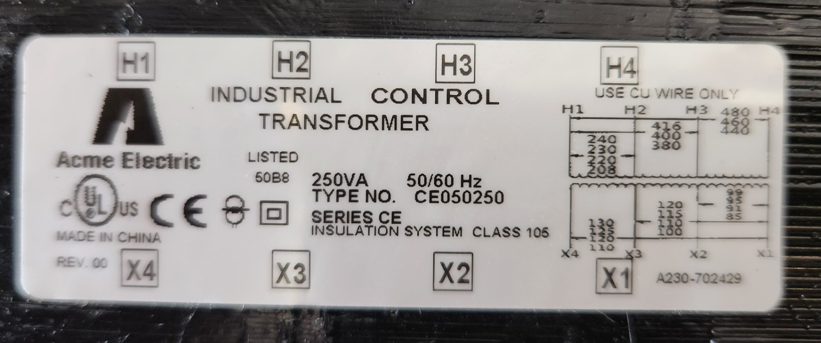 ACME CE050250 INDUSTRIAL CONTROL TRANSFORMER, 250 VA, 50/60 HZ, EIA-413-1644
