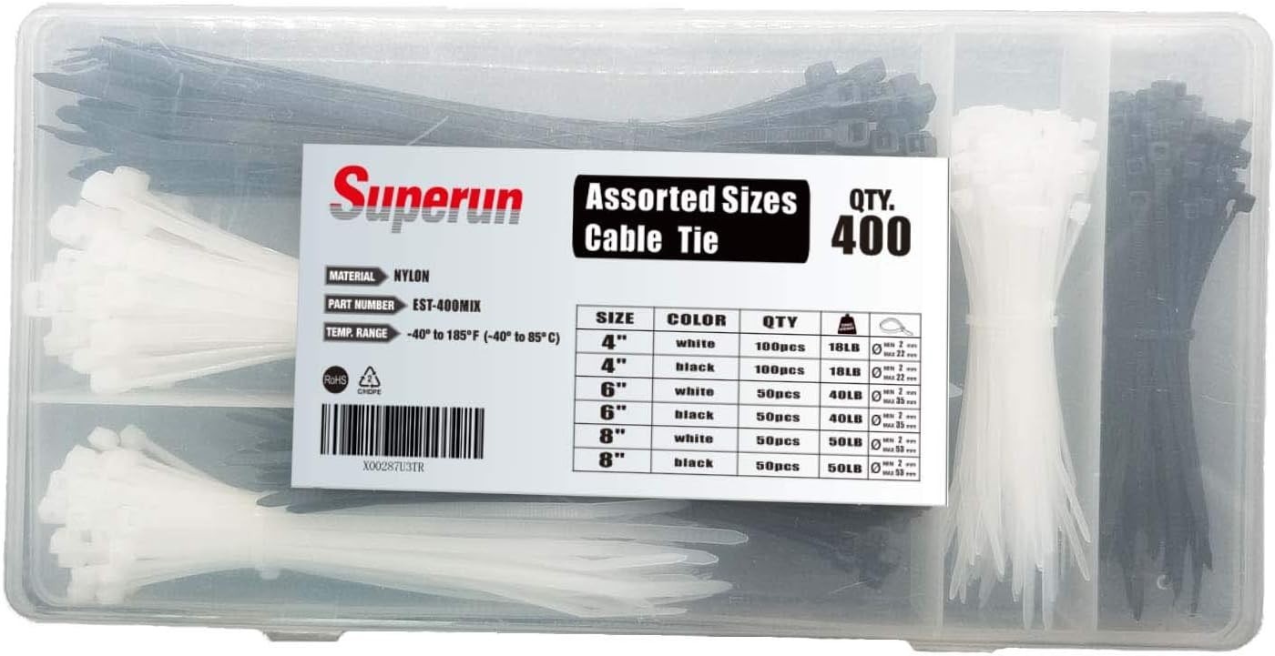 400 Pack Zip Tie Kit Assorted Sizes Black & White Wire Tie Set (4, 6, 8 Inch)