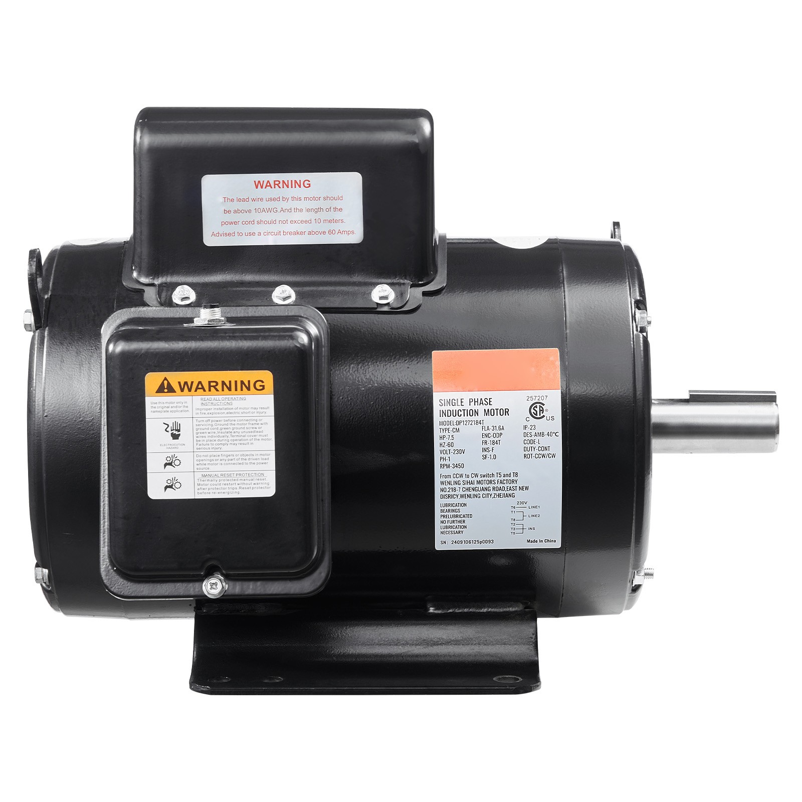 7.5HP Air Compressor Electric Motor 230V 31.6A 3450RPM 184T Frame CW/CCW Rotate