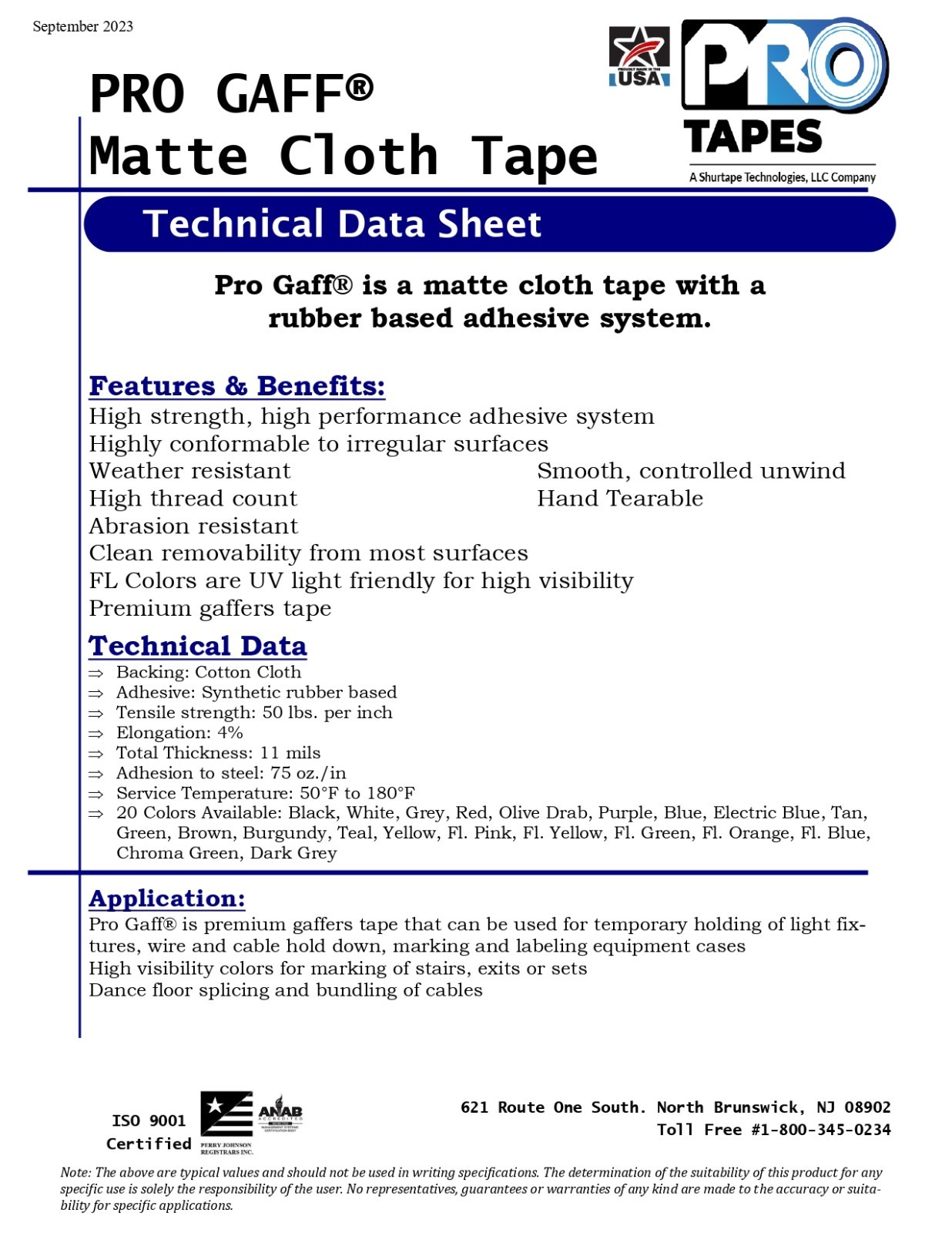 Pro Tapes Pro Gaff Gaffer Tape Black 2″ x 55 yds.