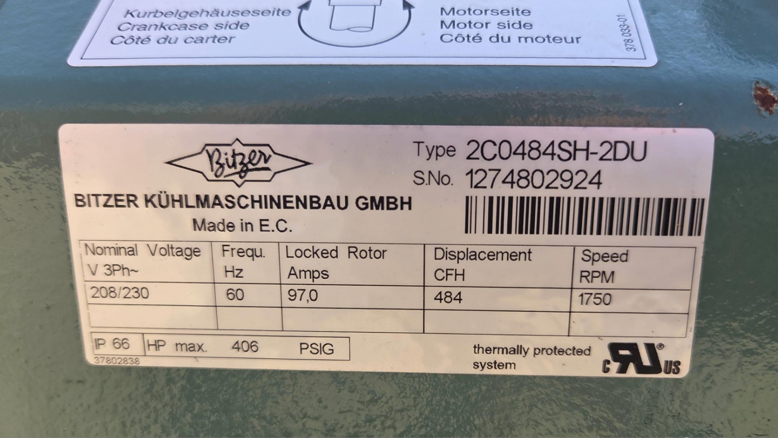 Bitzer 2C0484SH-2DU 3 Phase 208/230V Industrial compressor