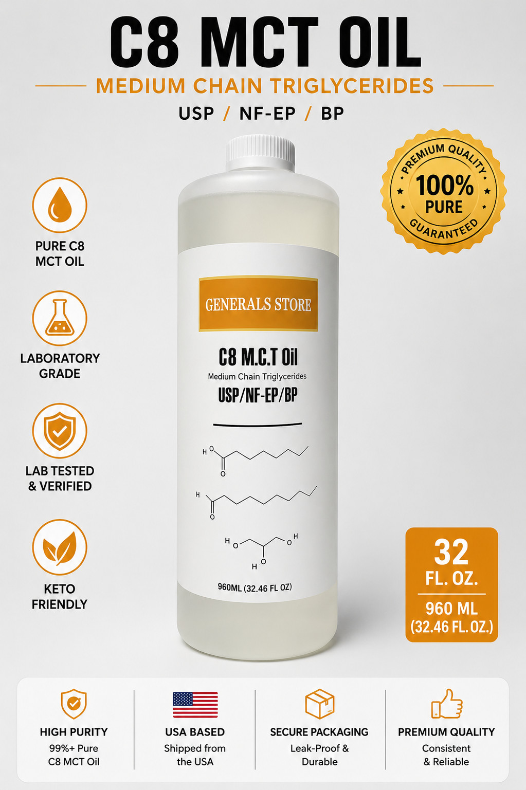 100% PURE C-8 MCT Oil Keto & Paleo Weight Loss – 128OZ