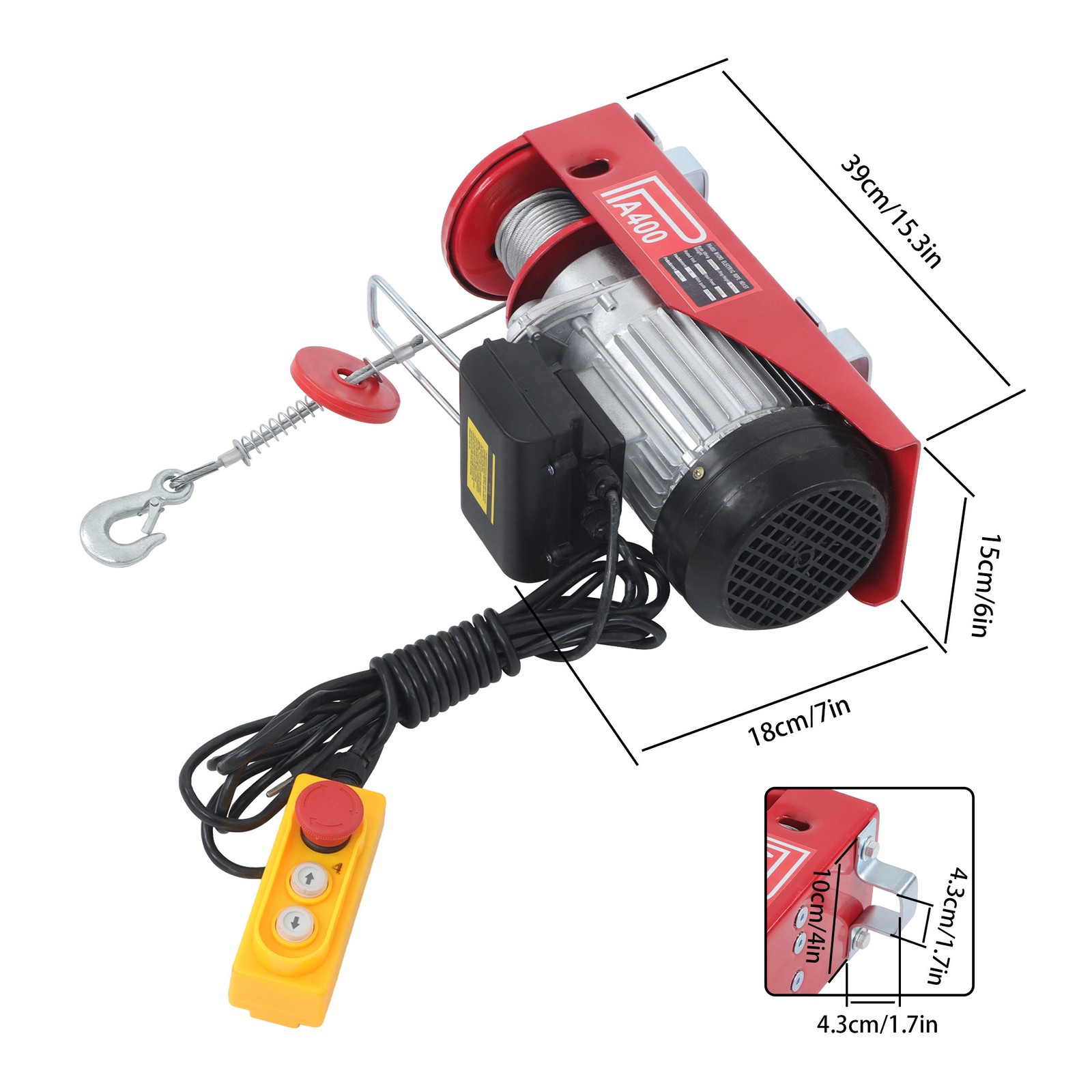 110V Electric Hoist 880lbs Crane Winch with Wired Remote Control 850W