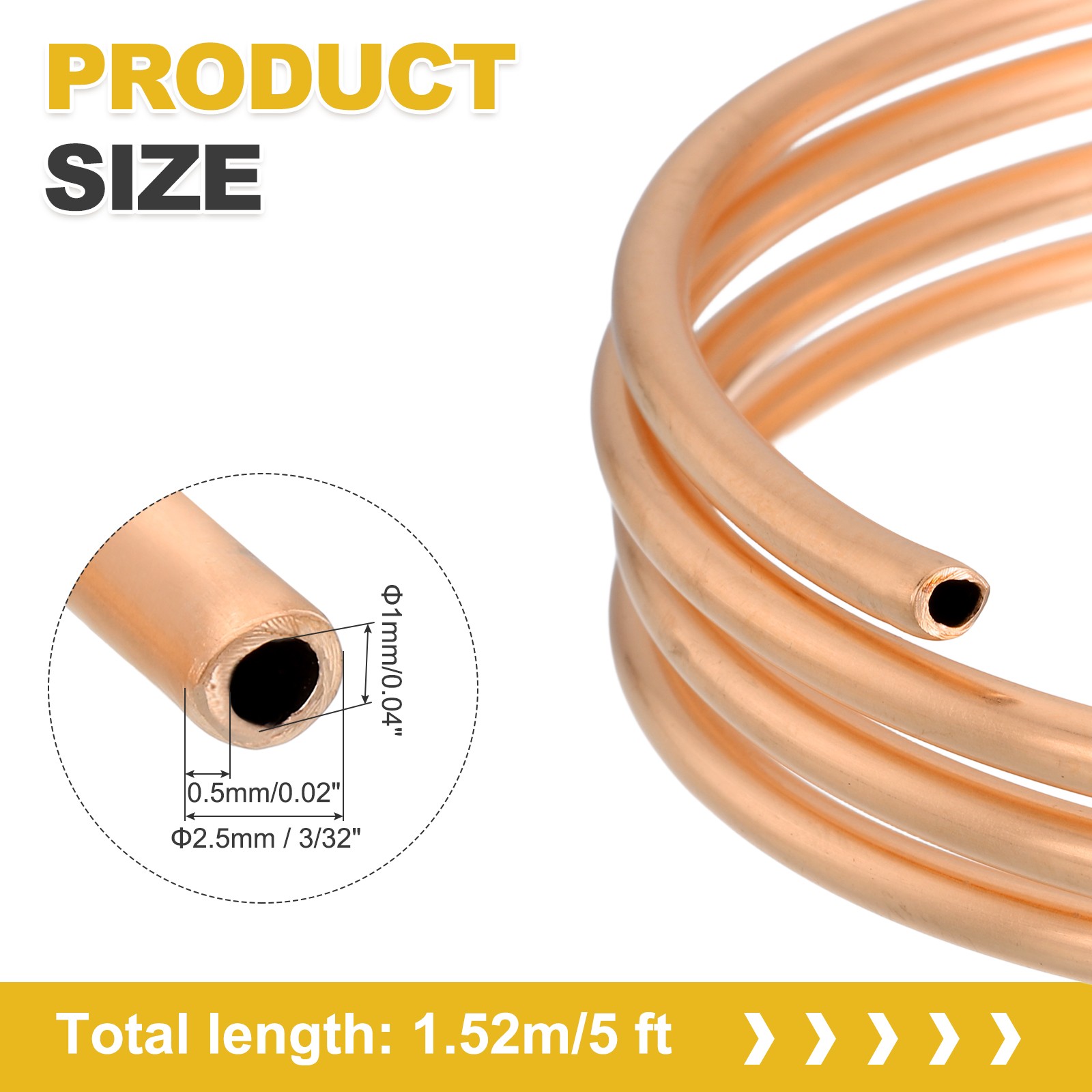 T2 Copper Tubing 0.04″ID x 3/32″OD x 5Ft, 99% Pure Copper Refrigeration Tube