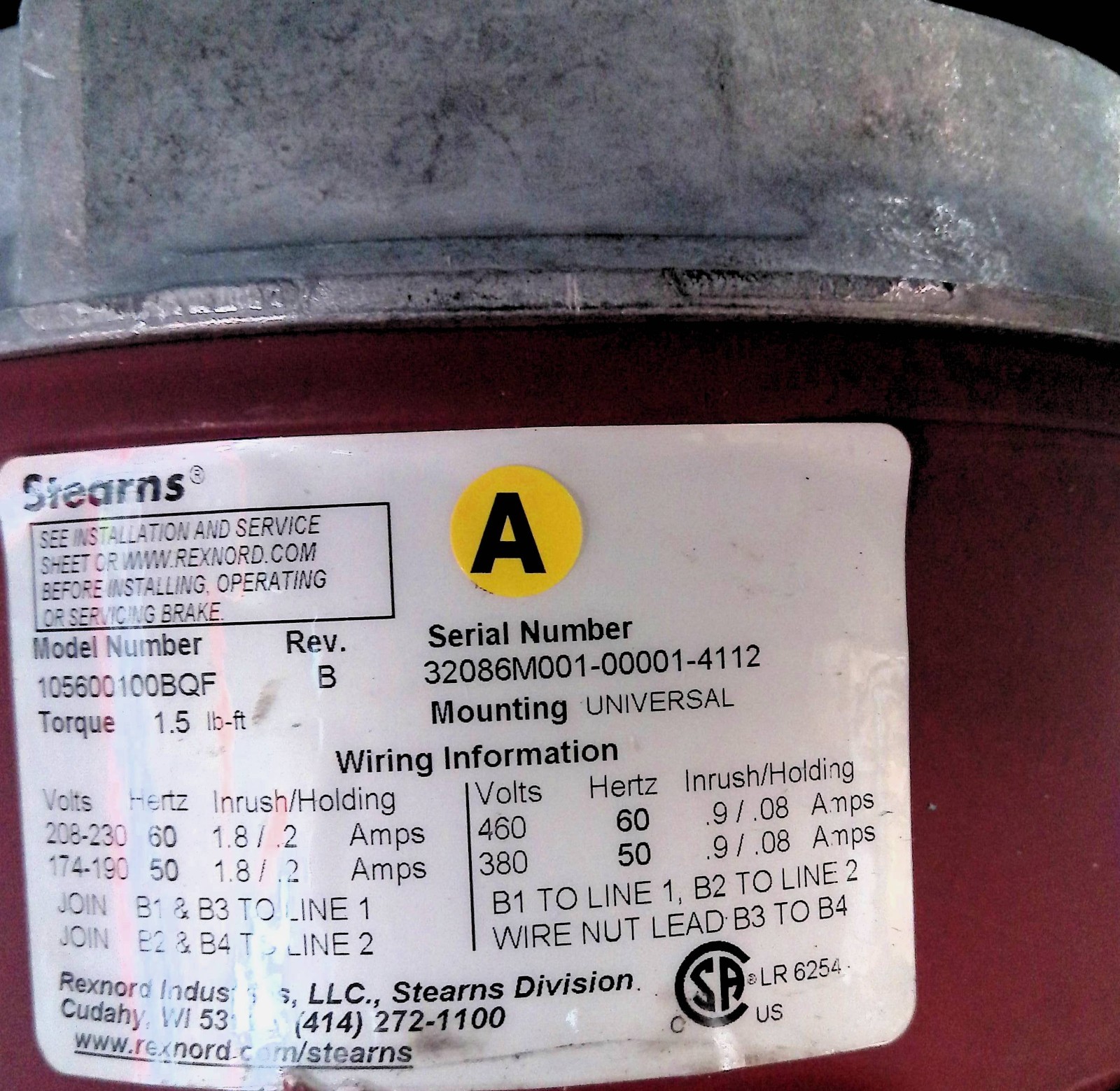 Stearns Rexnord 105600100BQF NEMA2 230/460VAC 1.5FT-LB Brake OPEN BOX