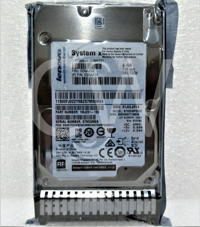 00NA232 00NA231 00NA235 LENOVO 600GB 15K RPM 12Gb/s 2.5″ SAS HDD Hard Drive