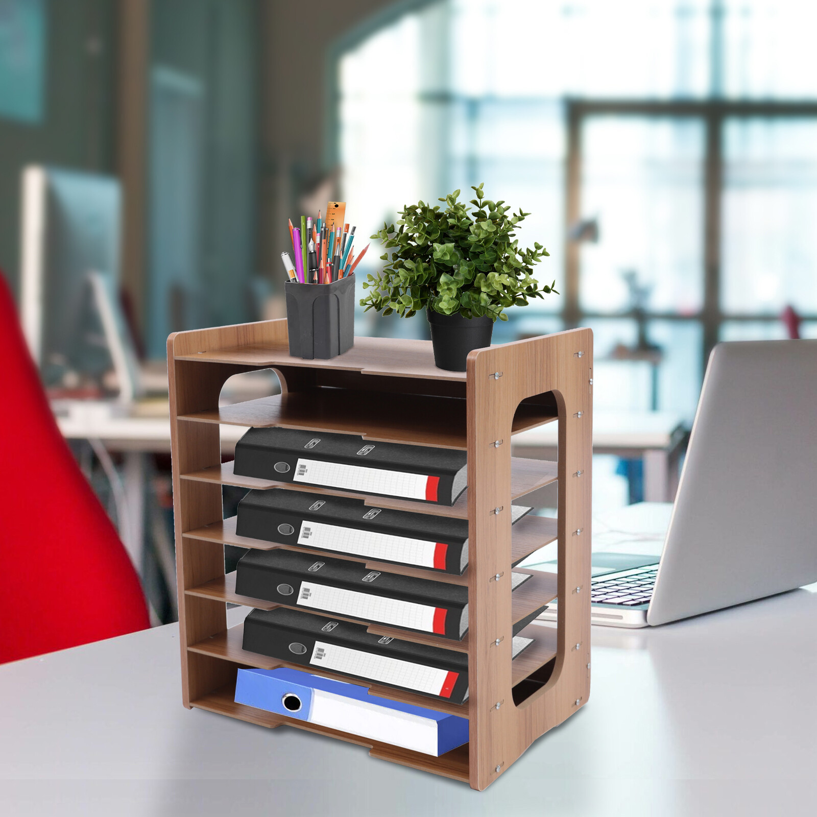 7 Tier Wood Desktop Paper Organizer File Document Storage Shelf for Home Office
