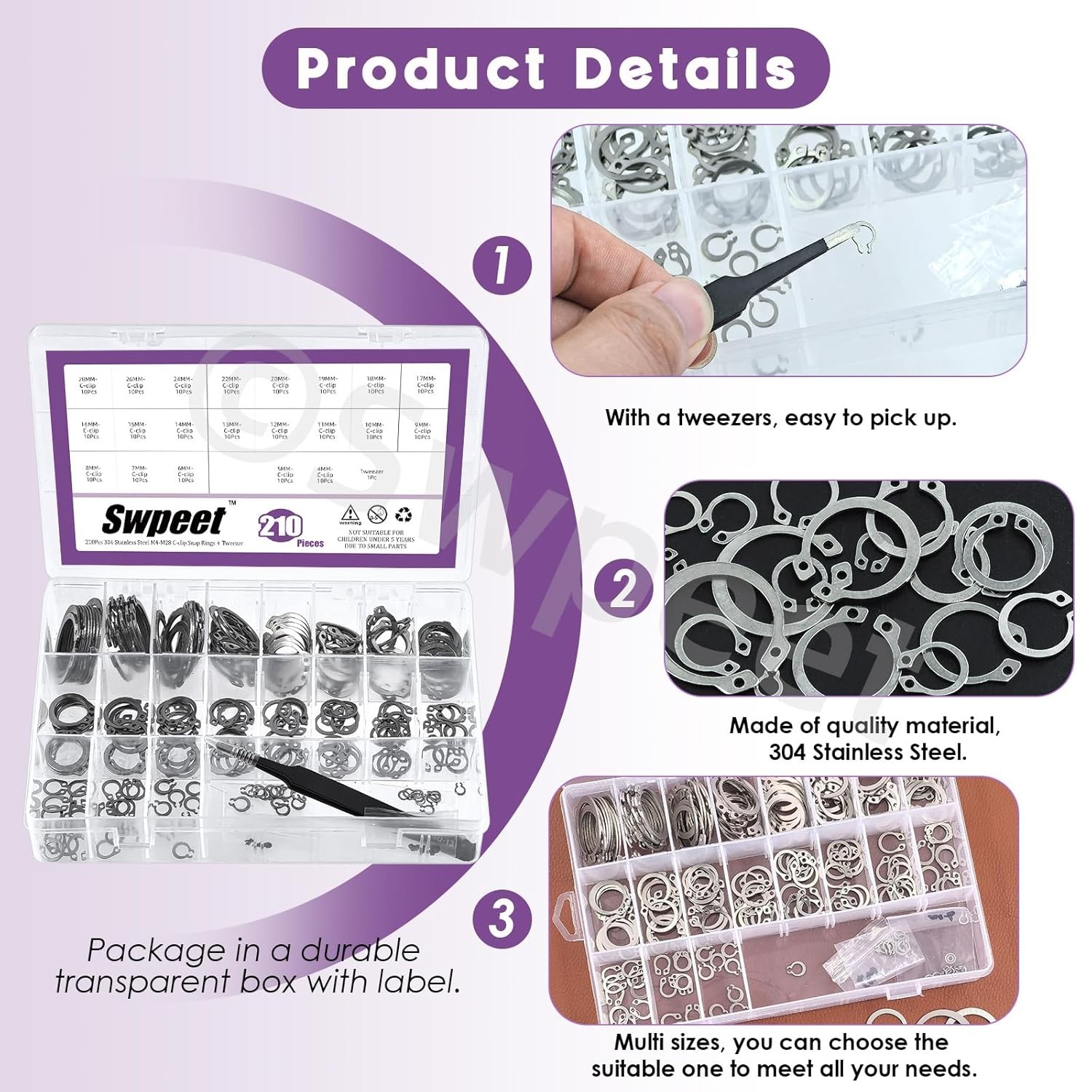 Swpeet 211Pcs 21 Sizes M4-M28mm Stainless Steel C-Clips External Circlip Snap Re