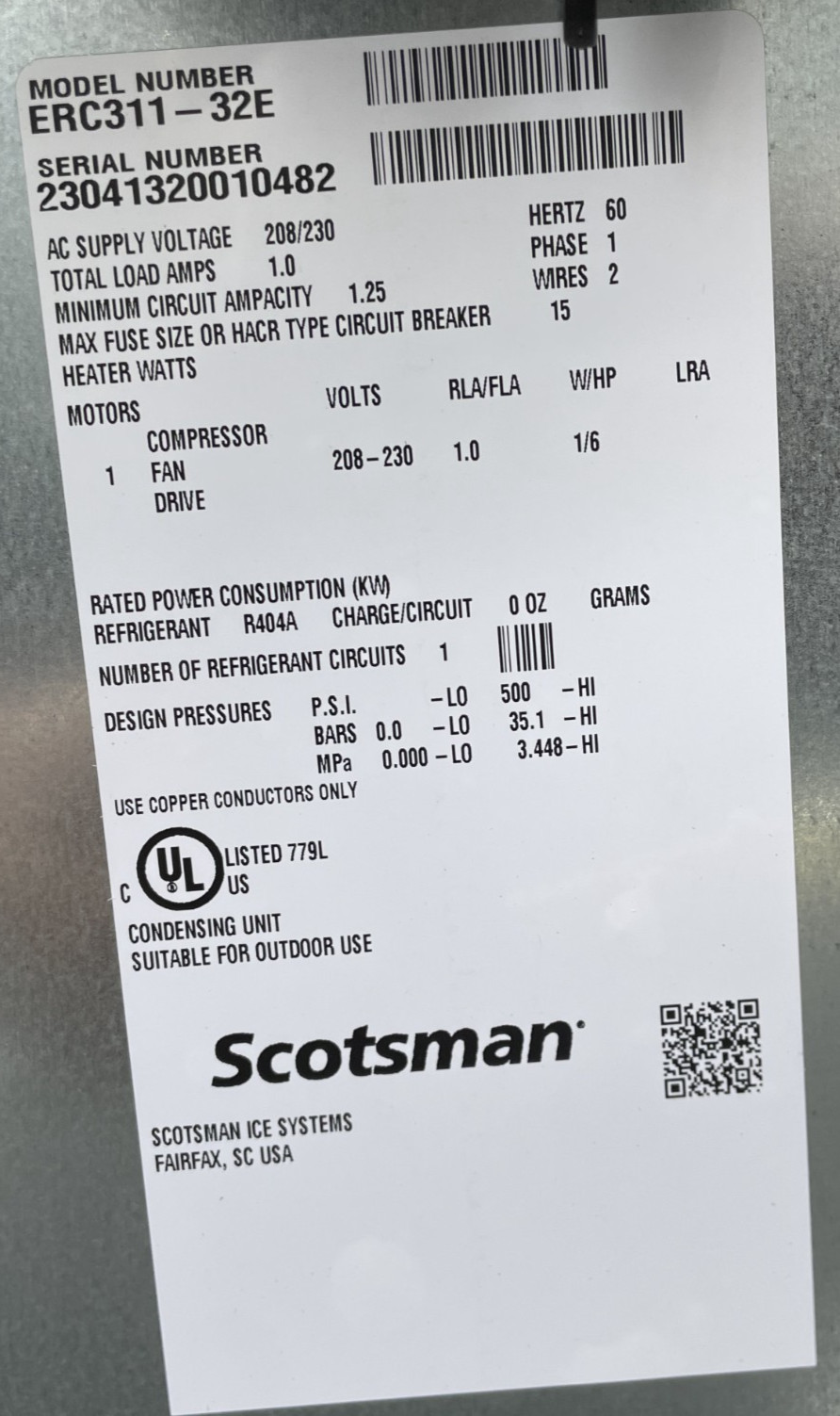 Scotsman ERC311-32E Remote Condenser Unit 208-230V Air-Cooled R404A