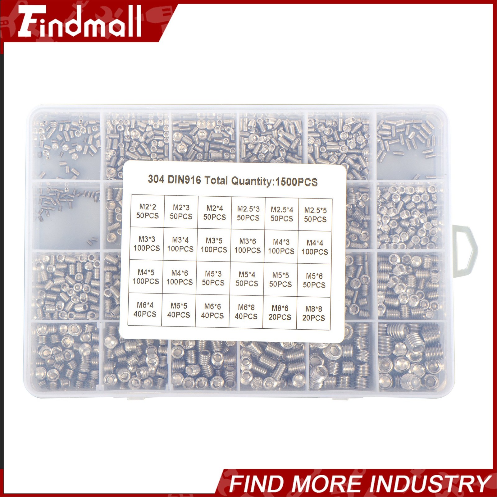 1500PCS Fully Threaded Hex Socket Set Screw Assortment Kit 304 Stainless Steel