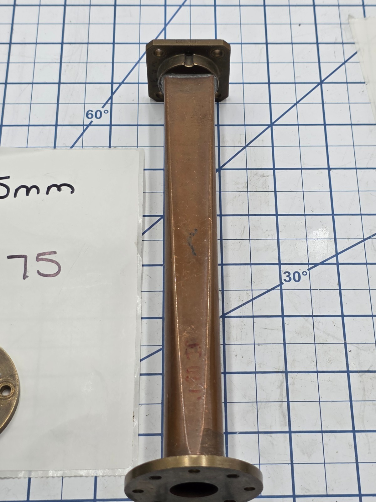 WAVEGUIDE TRANSITION 17.5mm ( .69″) (Round) to WR-75, Rigid, Copper / Brass, 9″